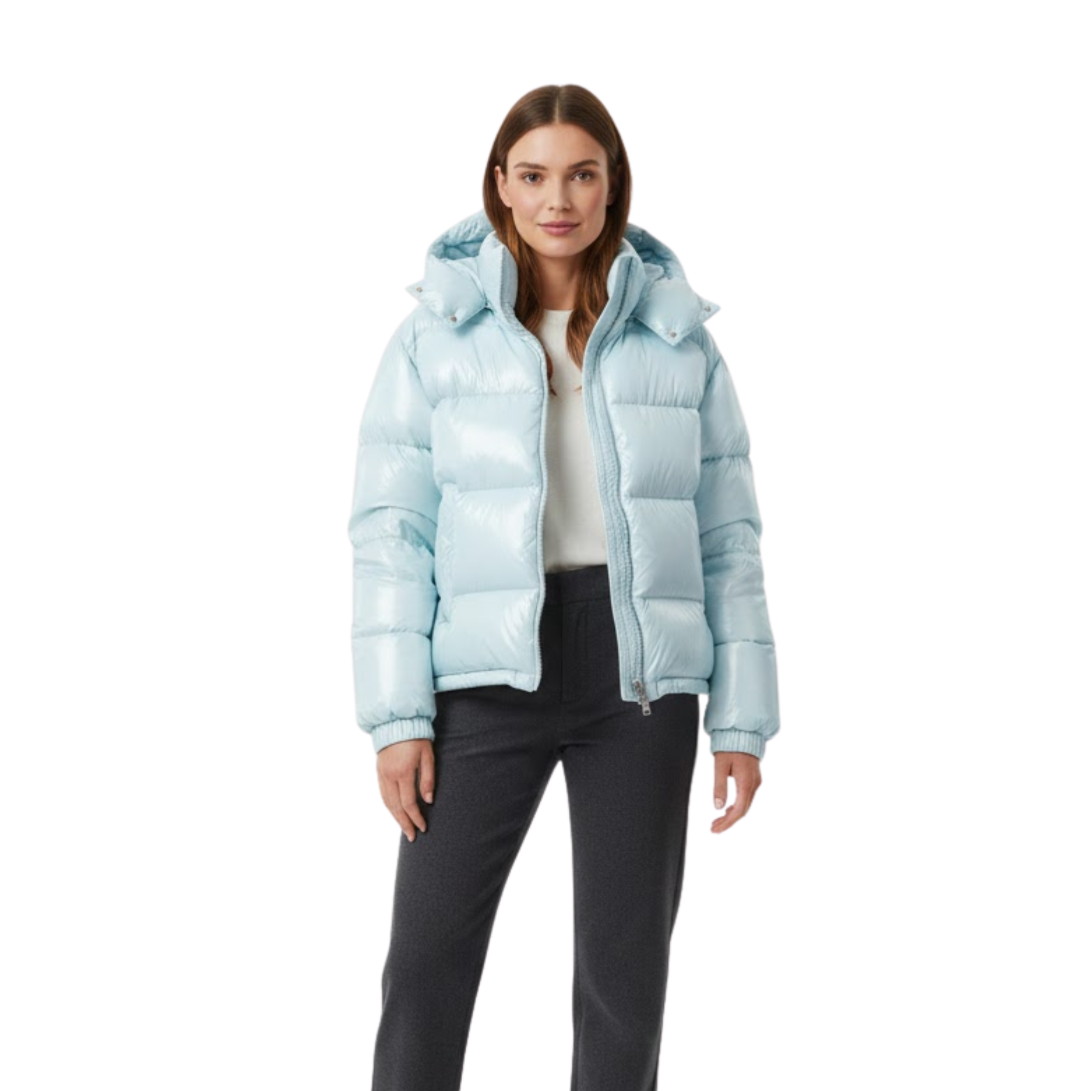 Veste Femme Matelassée Brillante à Capuche, Fermeture Zippée Montante, Chaude et Douillette