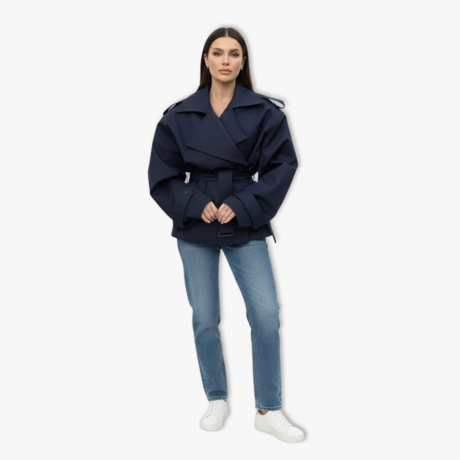Trench Court Court à Lacets pour Femme, Veste Coupe-Vent à Revers et Manches Longues