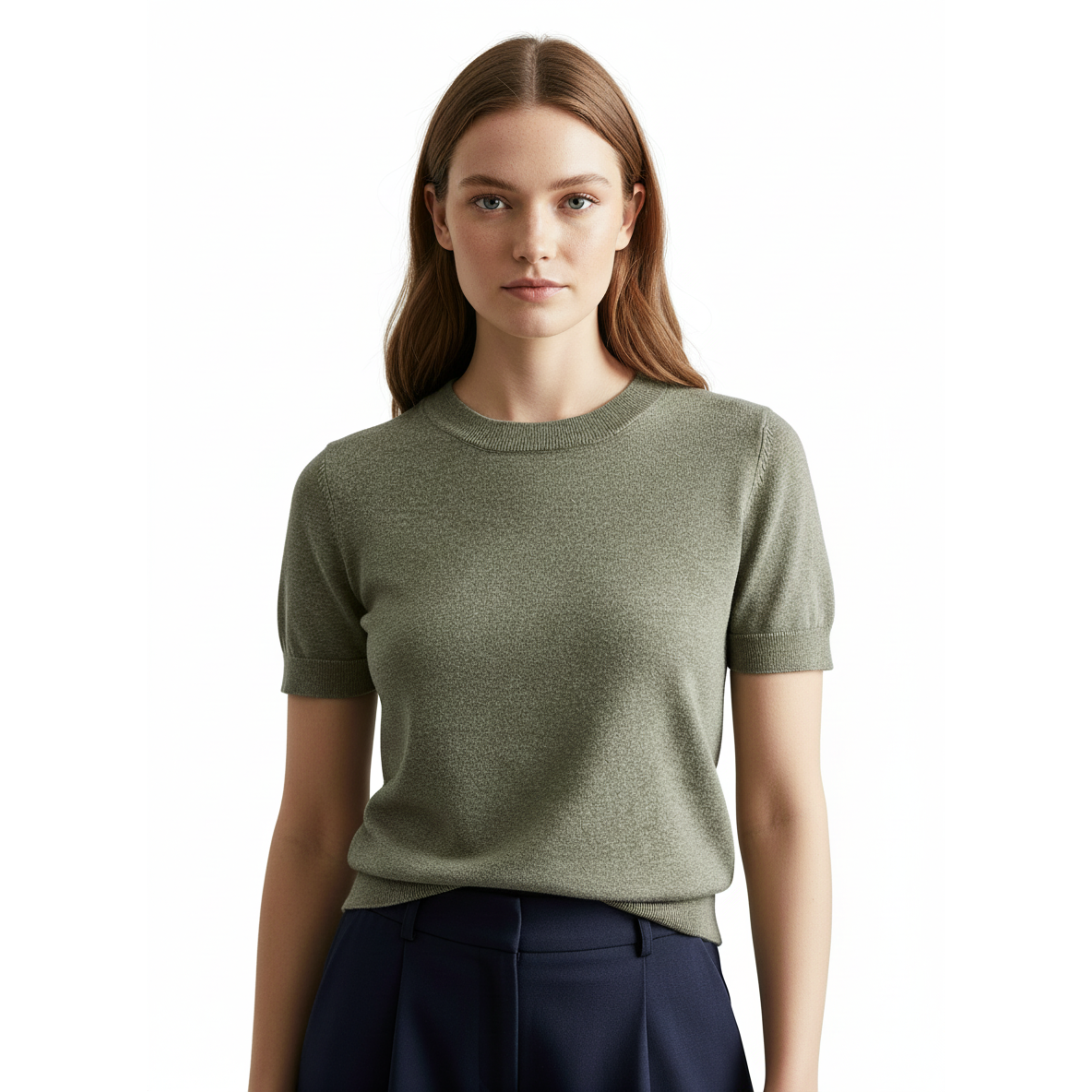 T-shirt en Maille Fine pour Femme à Col Rond et Manches Courtes Ajustées