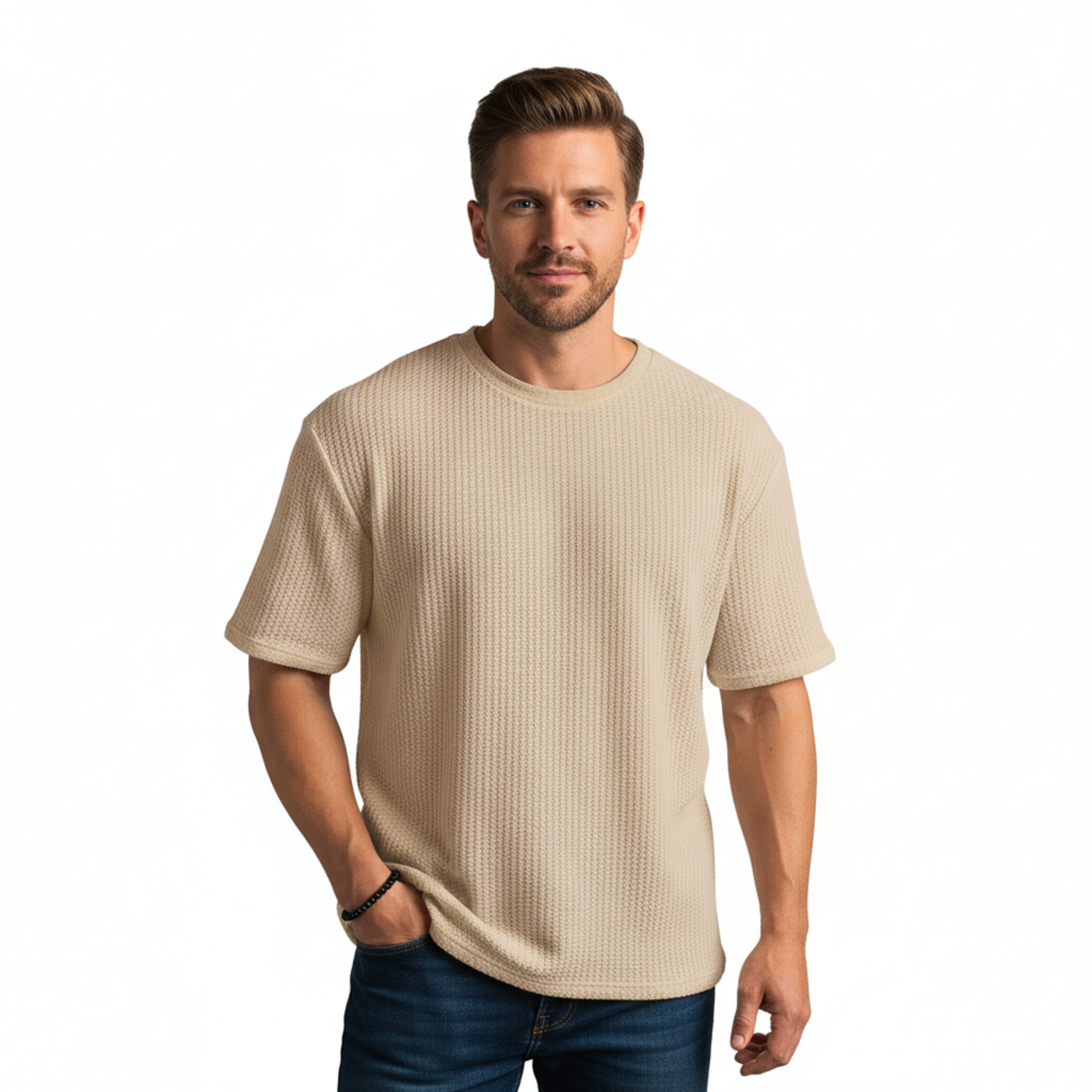T-shirt Homme en Maille Tricotée Respirante à Manches Courtes et Col Rond