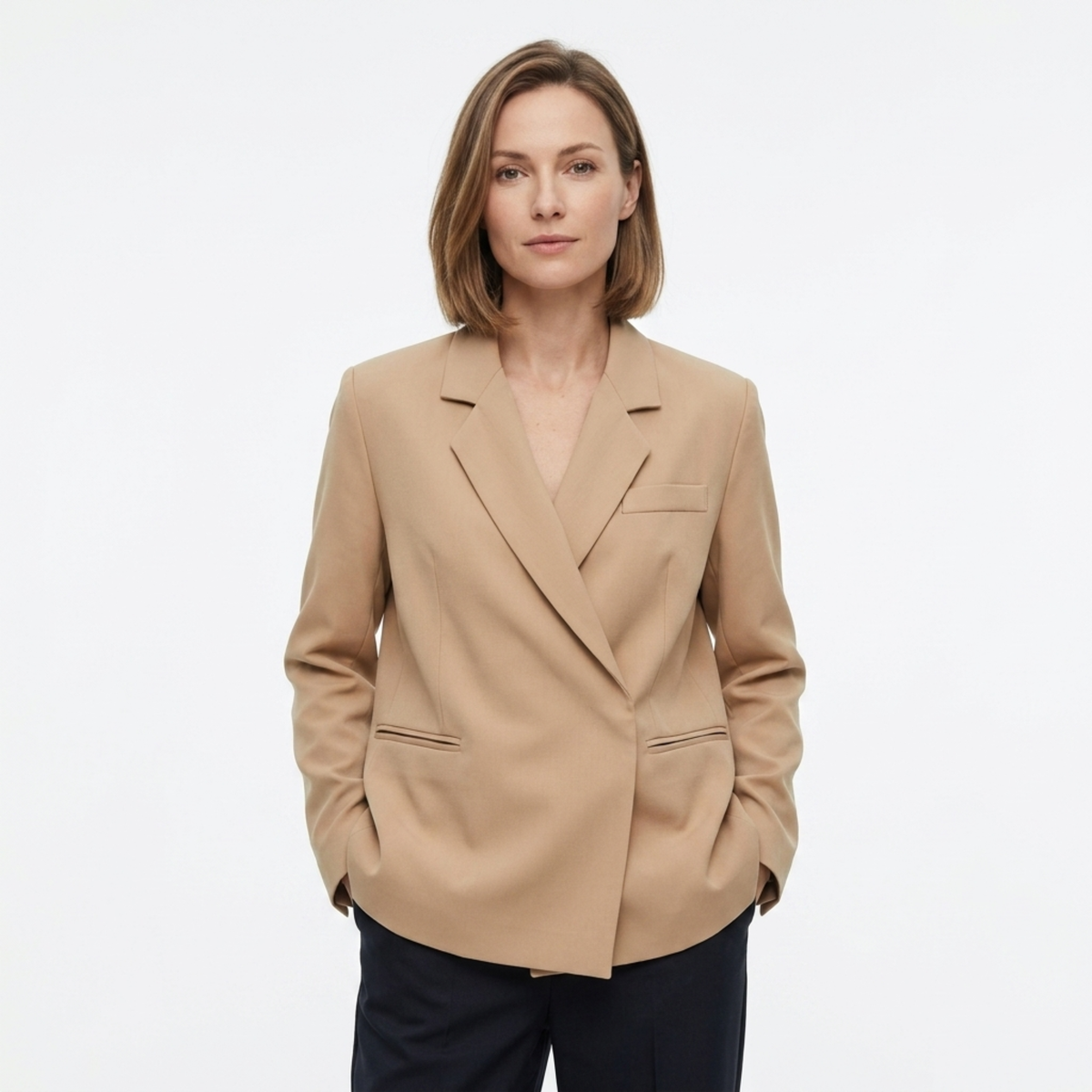 Women's Polyester Blazer – Side Slit and Concealed Buckle, Loose Fit
