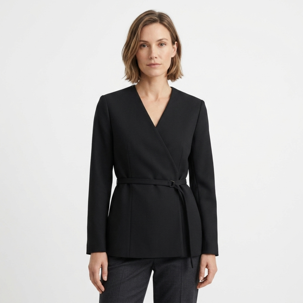 Polyester Blazer for Women – V-Neck and Belt, Elegant Fitted Cut