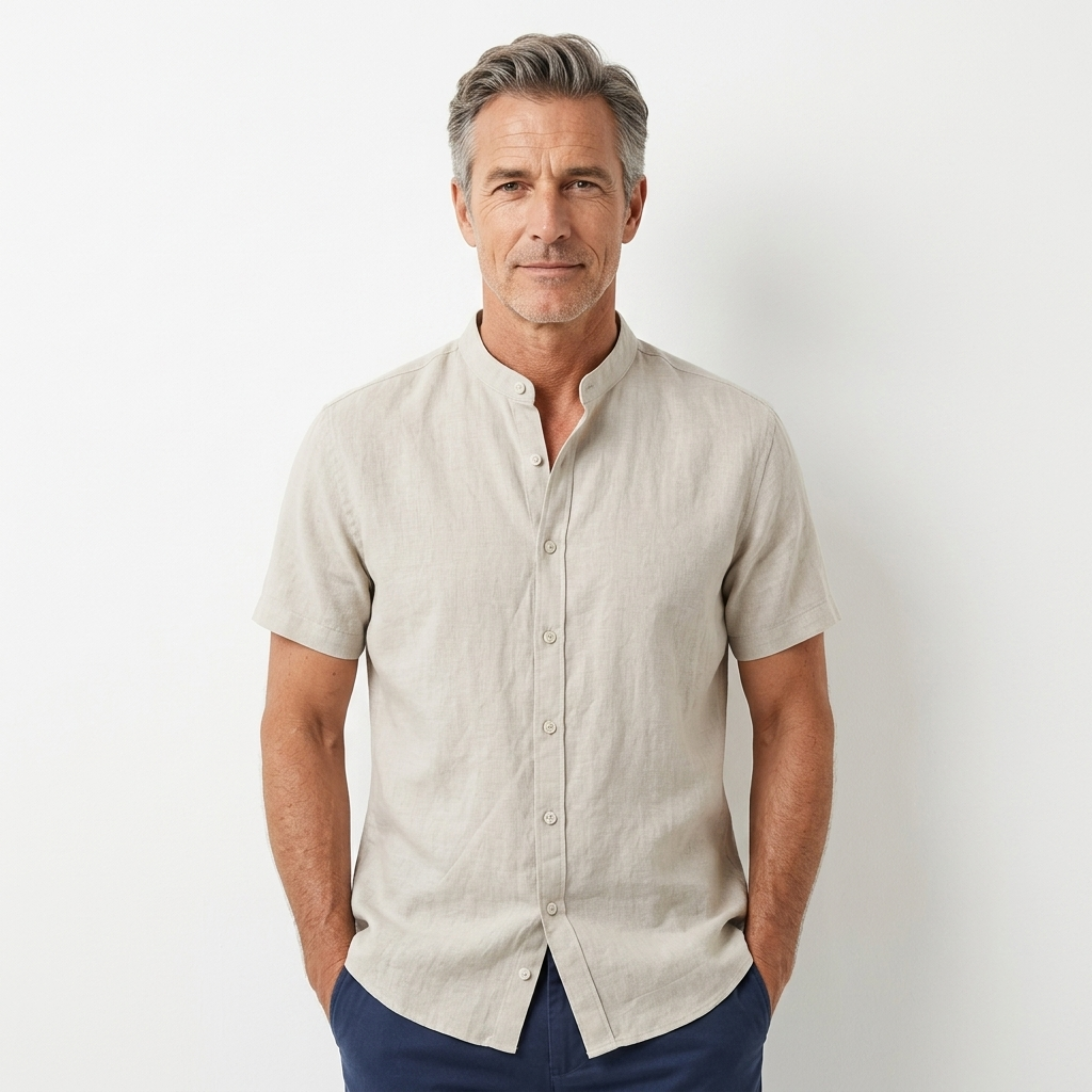 Chemise en lin pour homme — col officier à manches courtes — tenue décontractée de plage