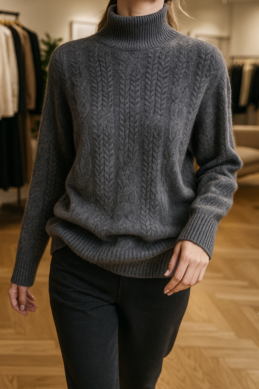Maglione da donna in cashmere – Maglia a trecce e collo a mezza altezza senza tempo