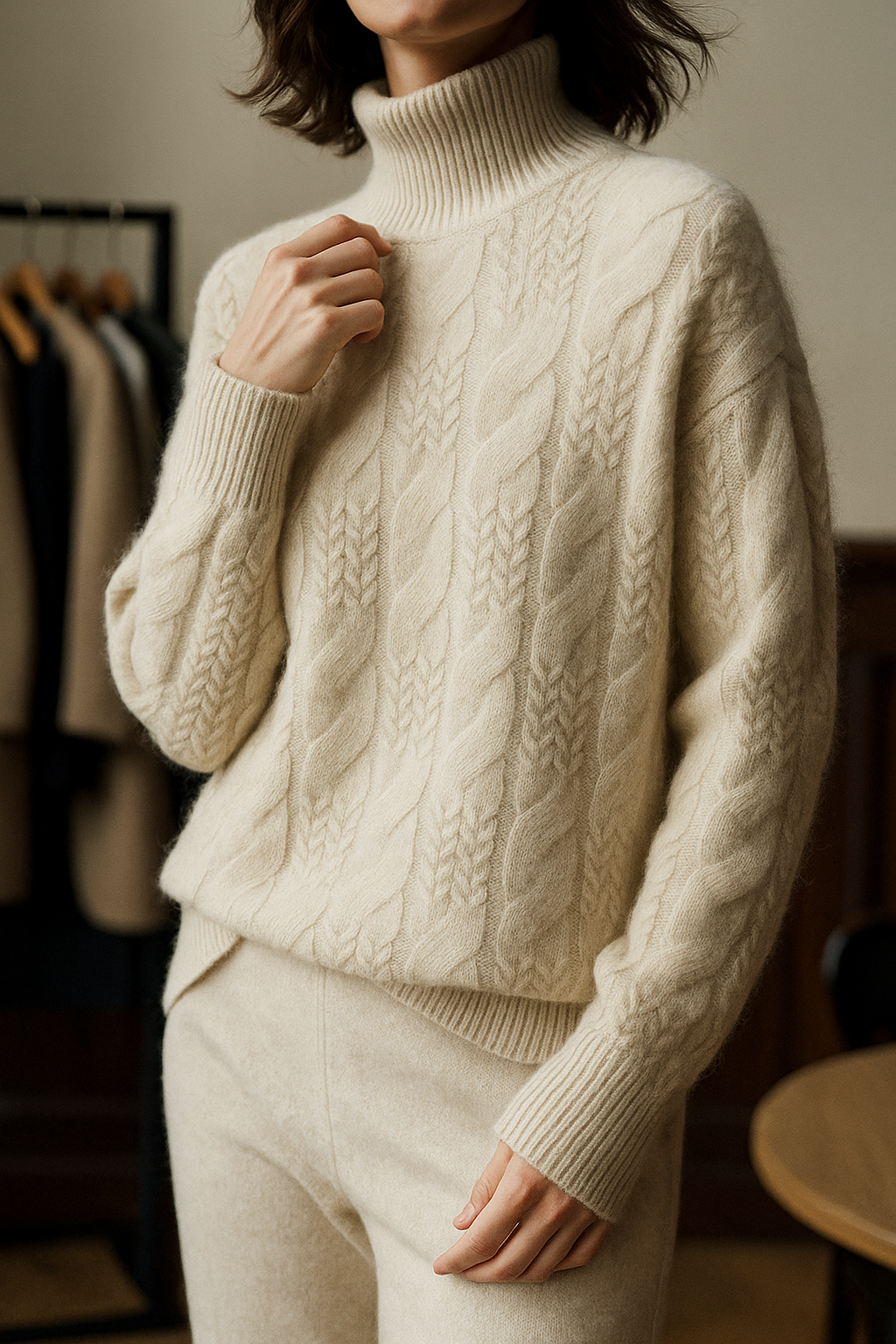 Maglione da donna in cashmere – Maglia a trecce e collo a mezza altezza senza tempo