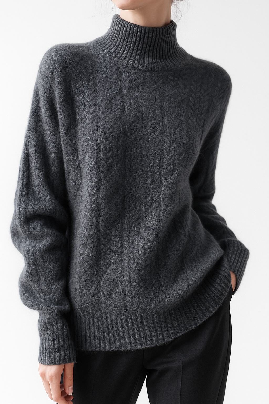 Maglione da donna in cashmere – Maglia a trecce e collo a mezza altezza senza tempo