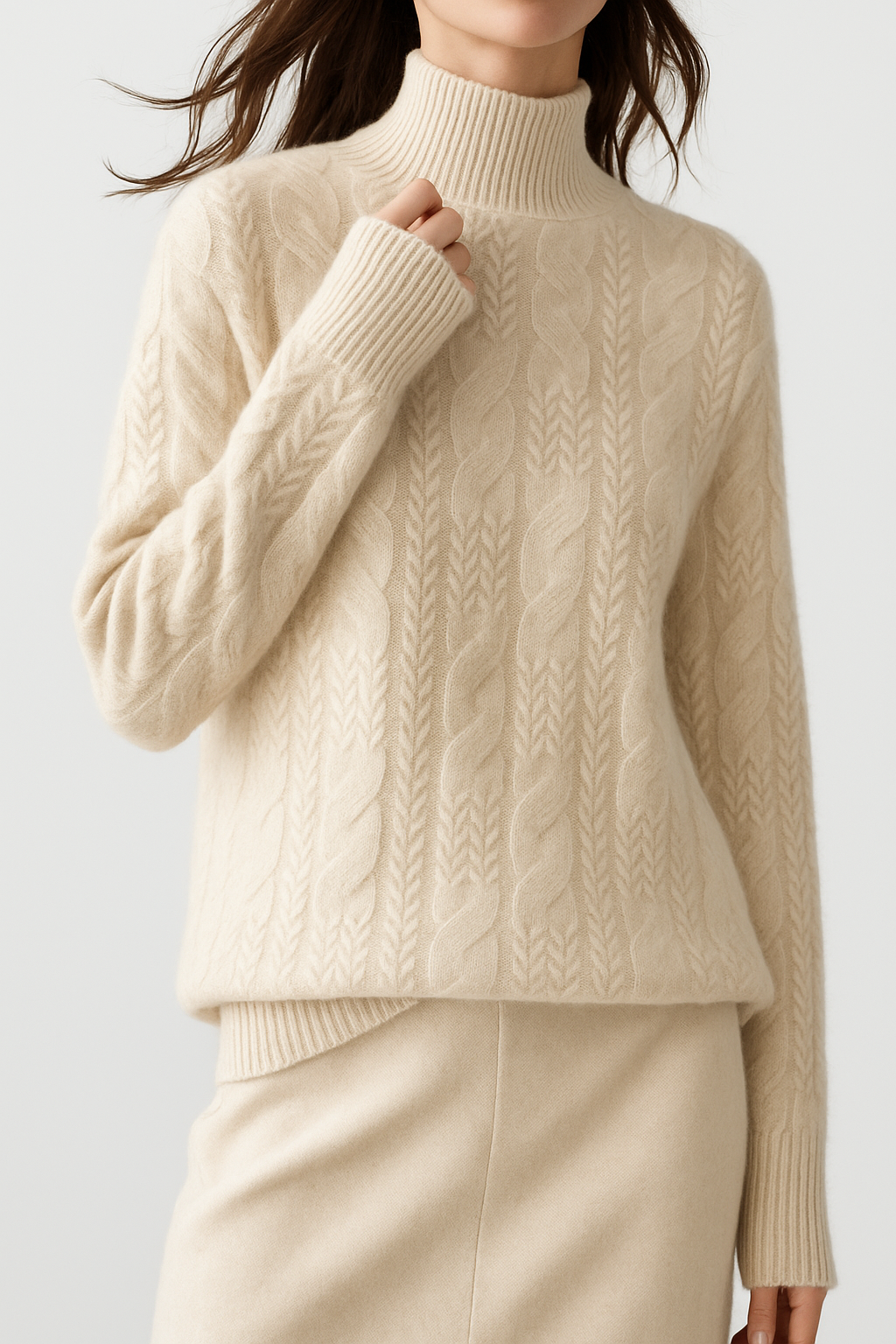 Maglione da donna in cashmere – Maglia a trecce e collo a mezza altezza senza tempo