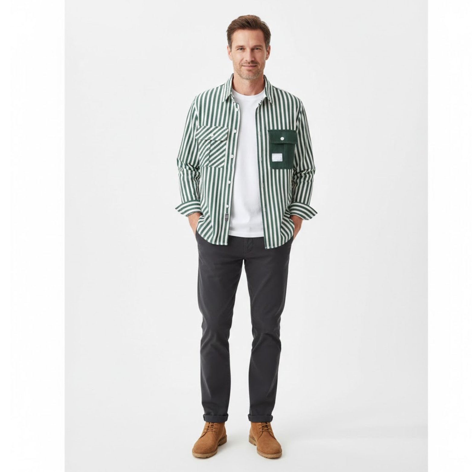 Chemise à rayures pour homme avec poches asymétriques et manches longues