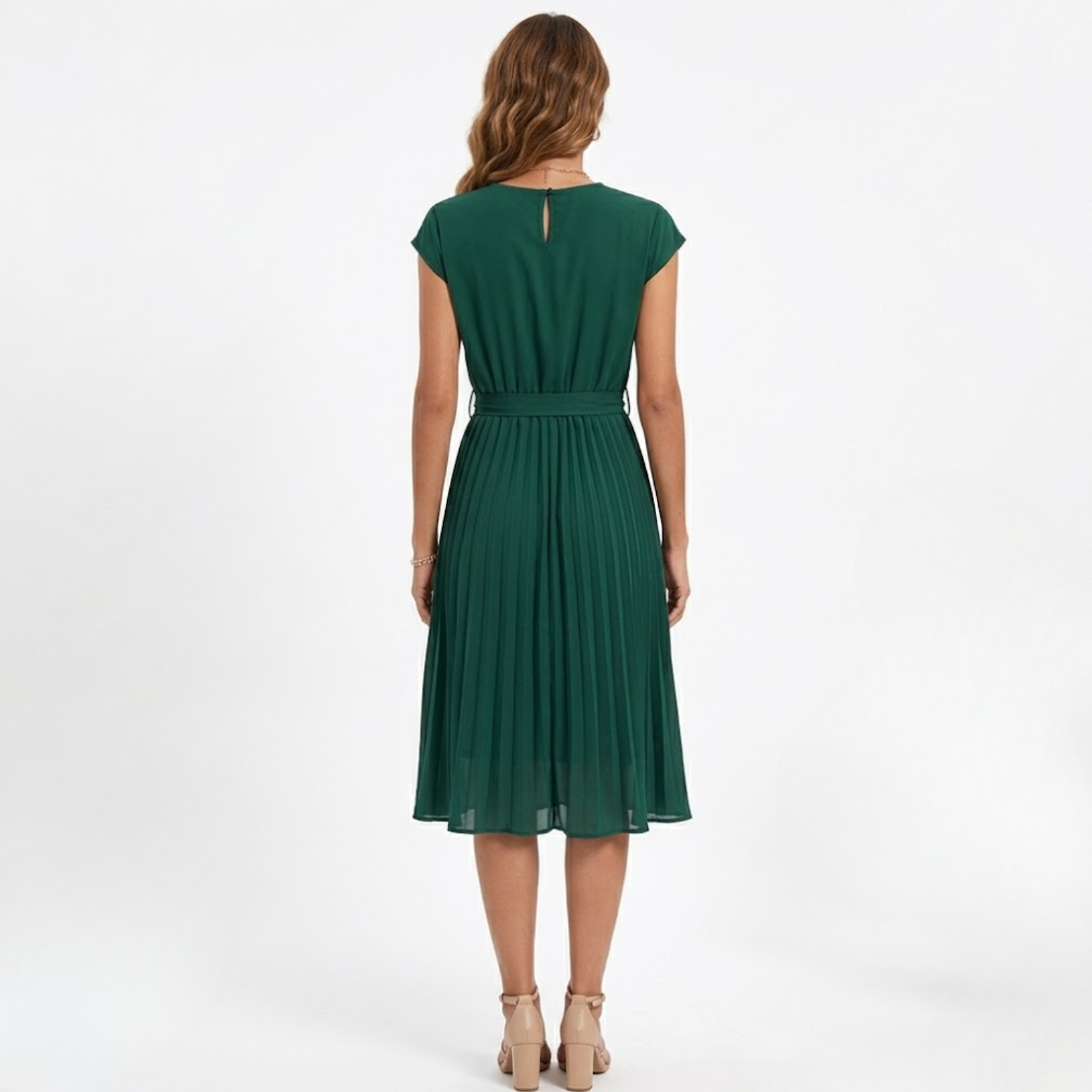 Vestido Midi Plisado de Manga Corta y Cintura Alta con Cinturón para Mujer
