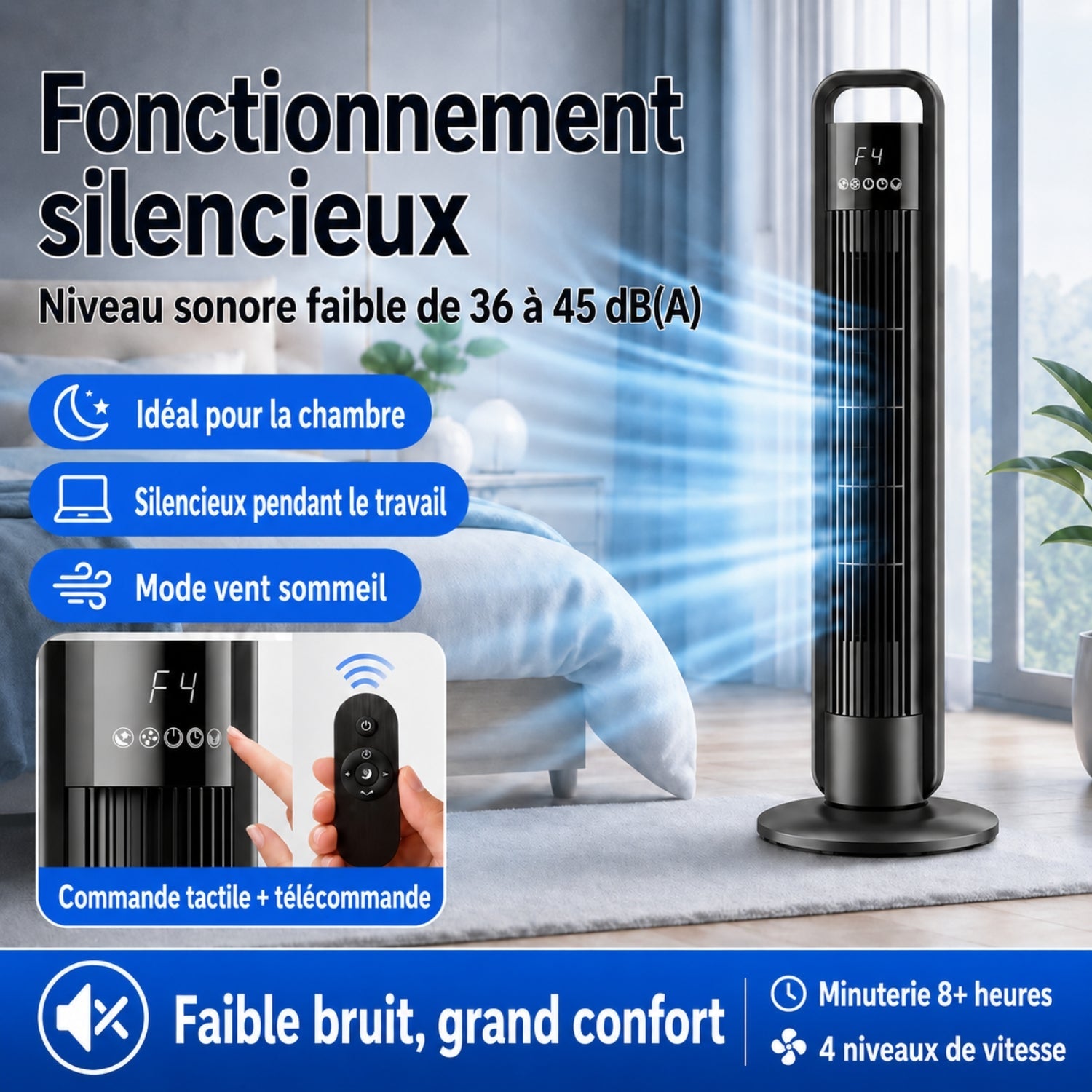 Stĺpový ventilátor s diaľkovým ovládaním, osciláciou a 4 rýchlosťami