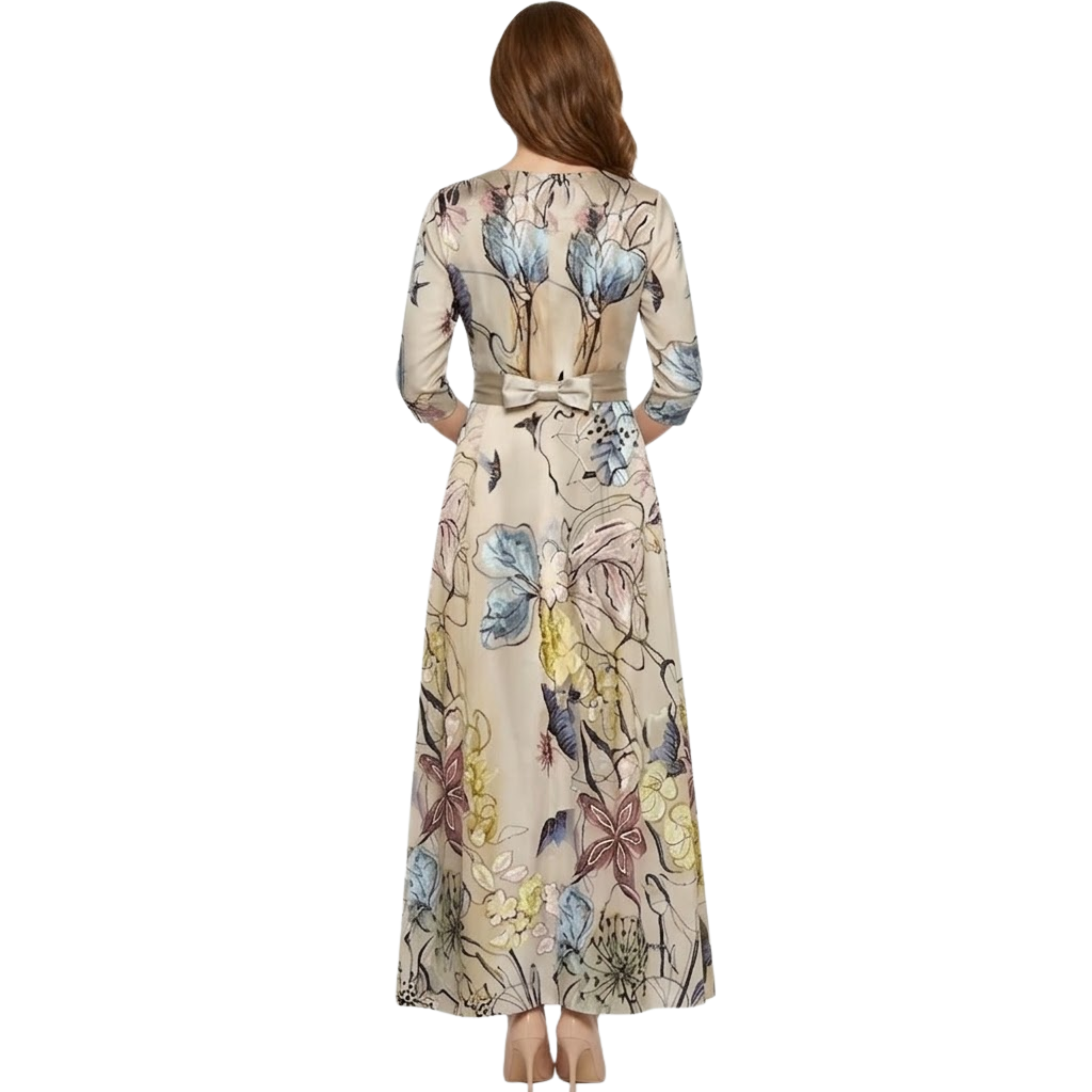 Robe Longue Fleurie à Col en V avec Manches Longues et Coupe Fluide