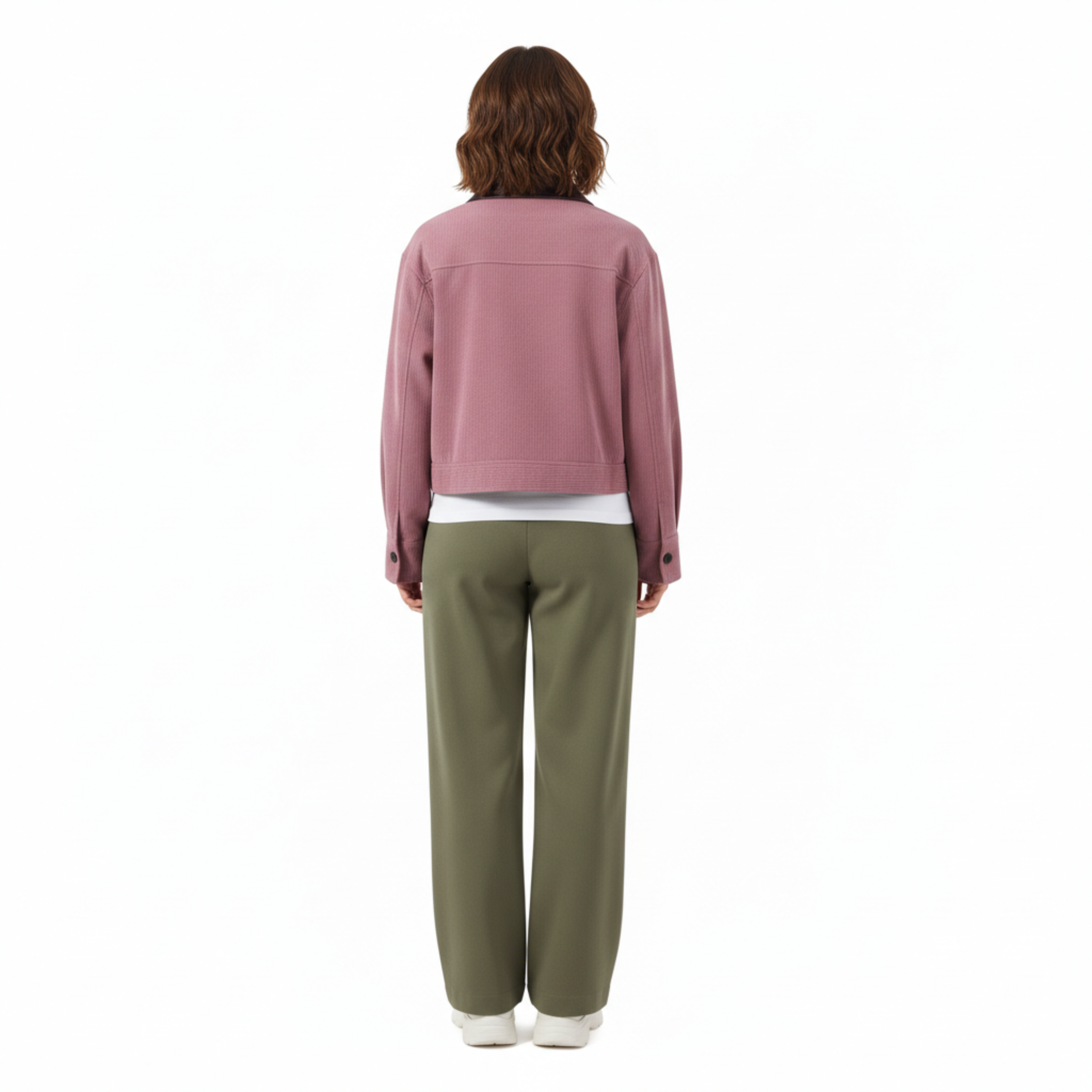 Veste Courte en Velours Côtelé à Col Contrasté et Fermeture Éclair pour Femme