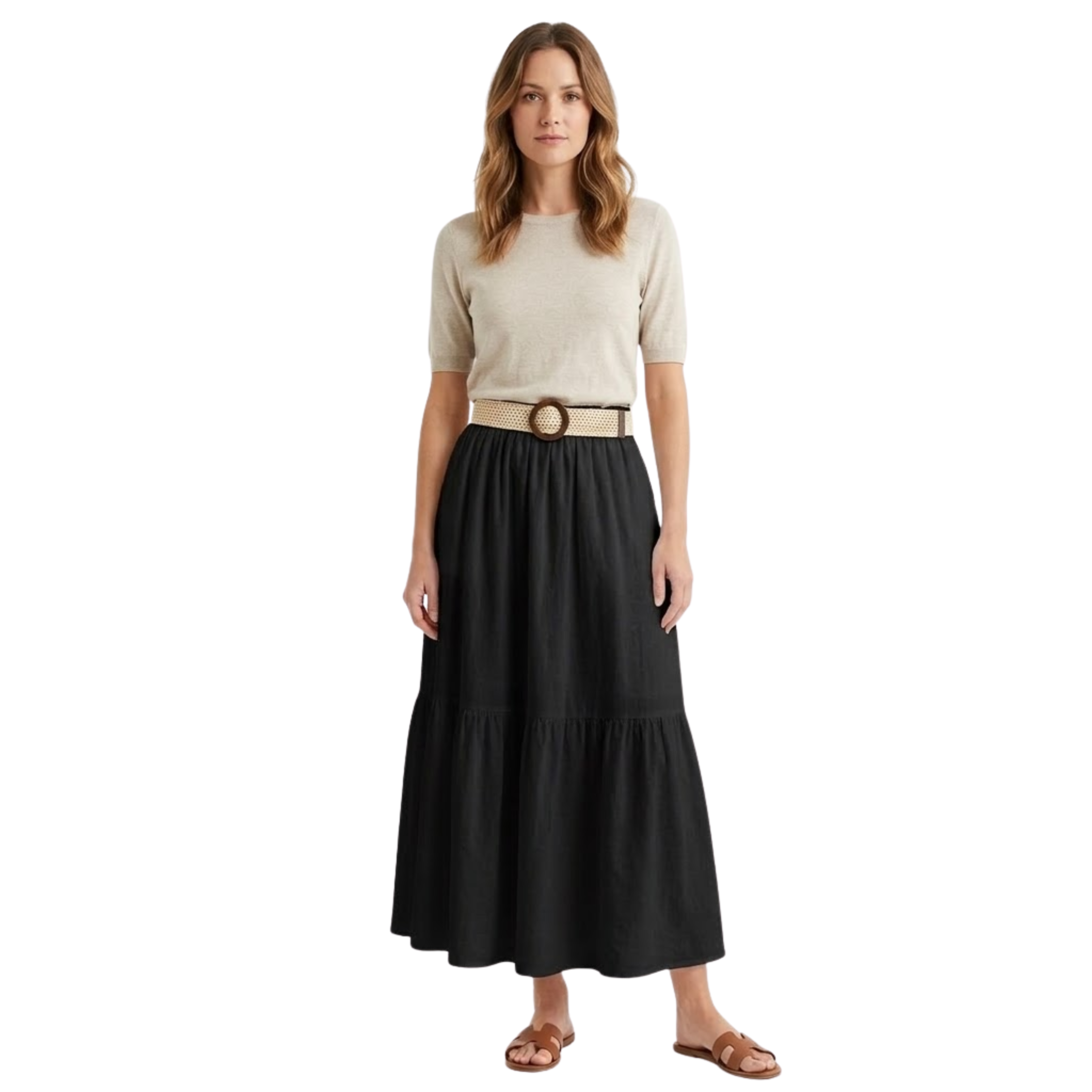 Jupe Mi-Longue Évasée à Taille Haute pour Femmes avec Ceinture et Coupe Trapèze