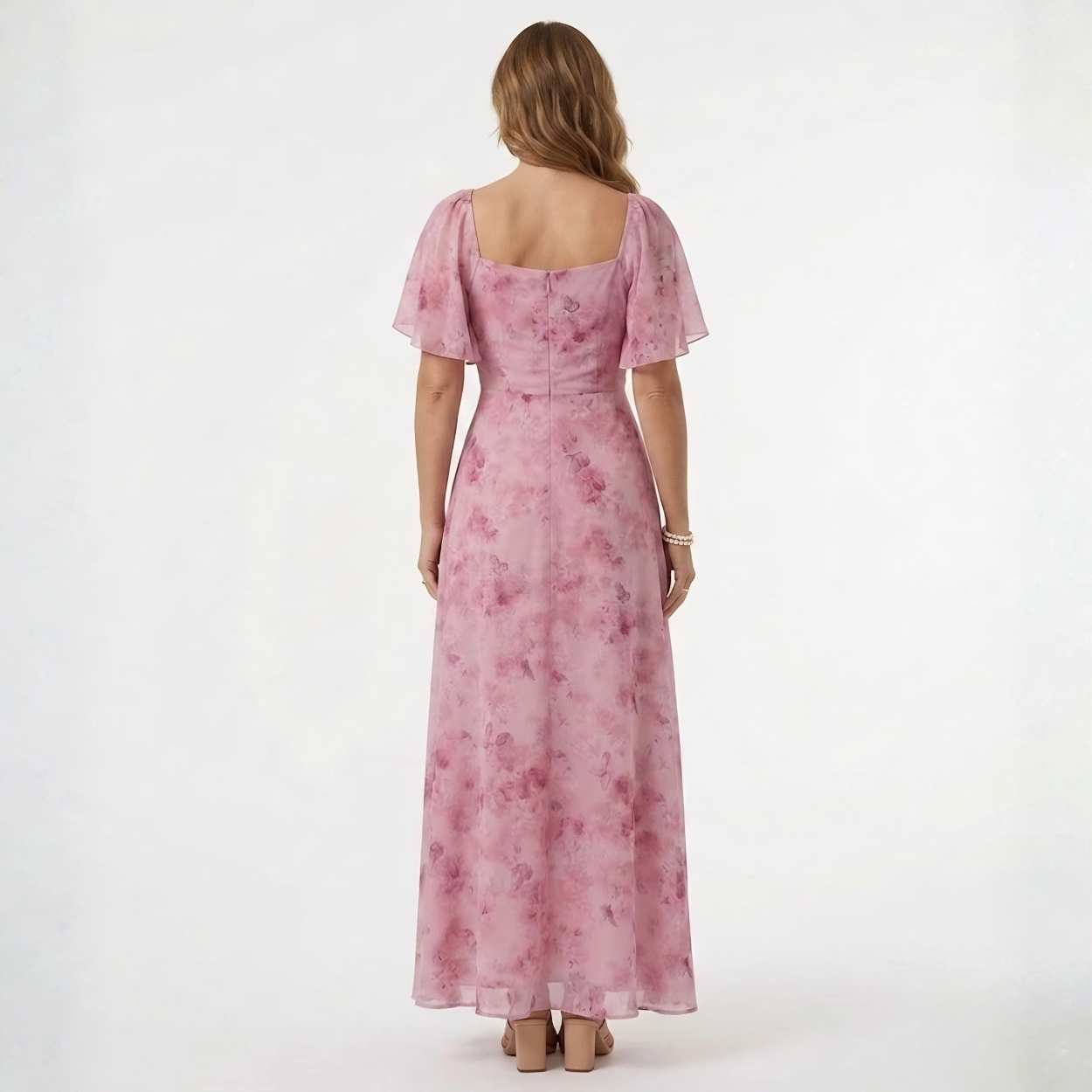 Rochie Maxi Florală pentru Invitată la Nuntă cu Mâneci Volanate și Guler în Formă de Inimă