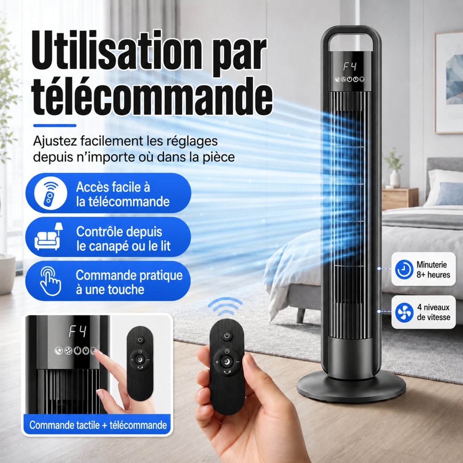 Stĺpový ventilátor s diaľkovým ovládaním, osciláciou a 4 rýchlosťami
