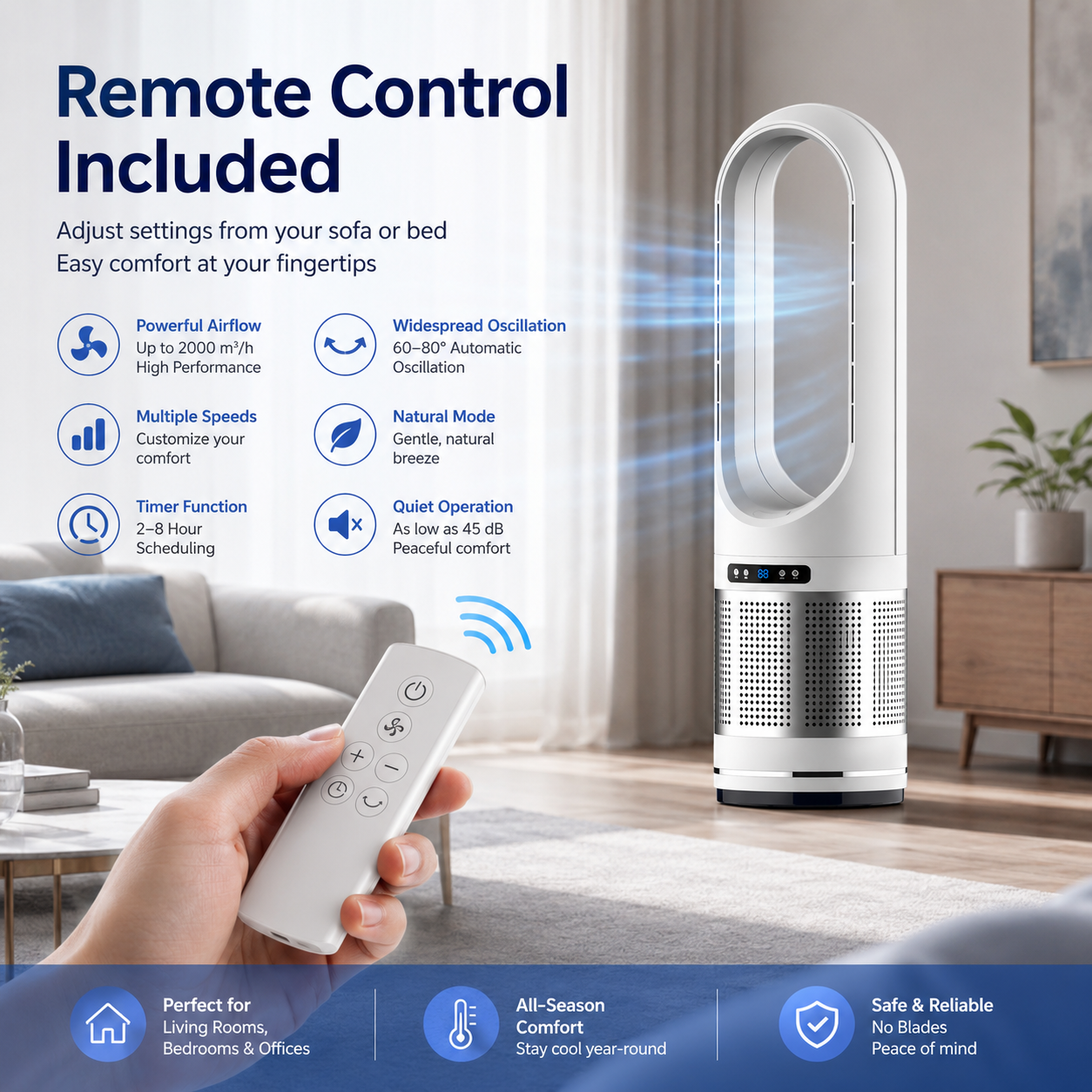 Vertical Bladeless Fan with Remote Control, Oscillation, and Timer