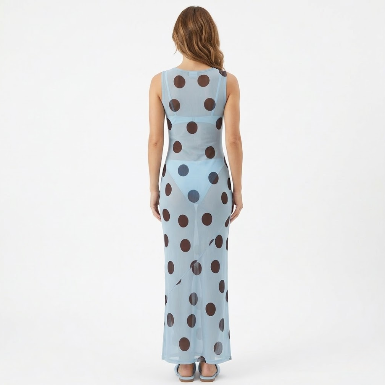Robe Longue à Pois sans Manches avec Col Rond et Coupe Ajustée pour Femmes