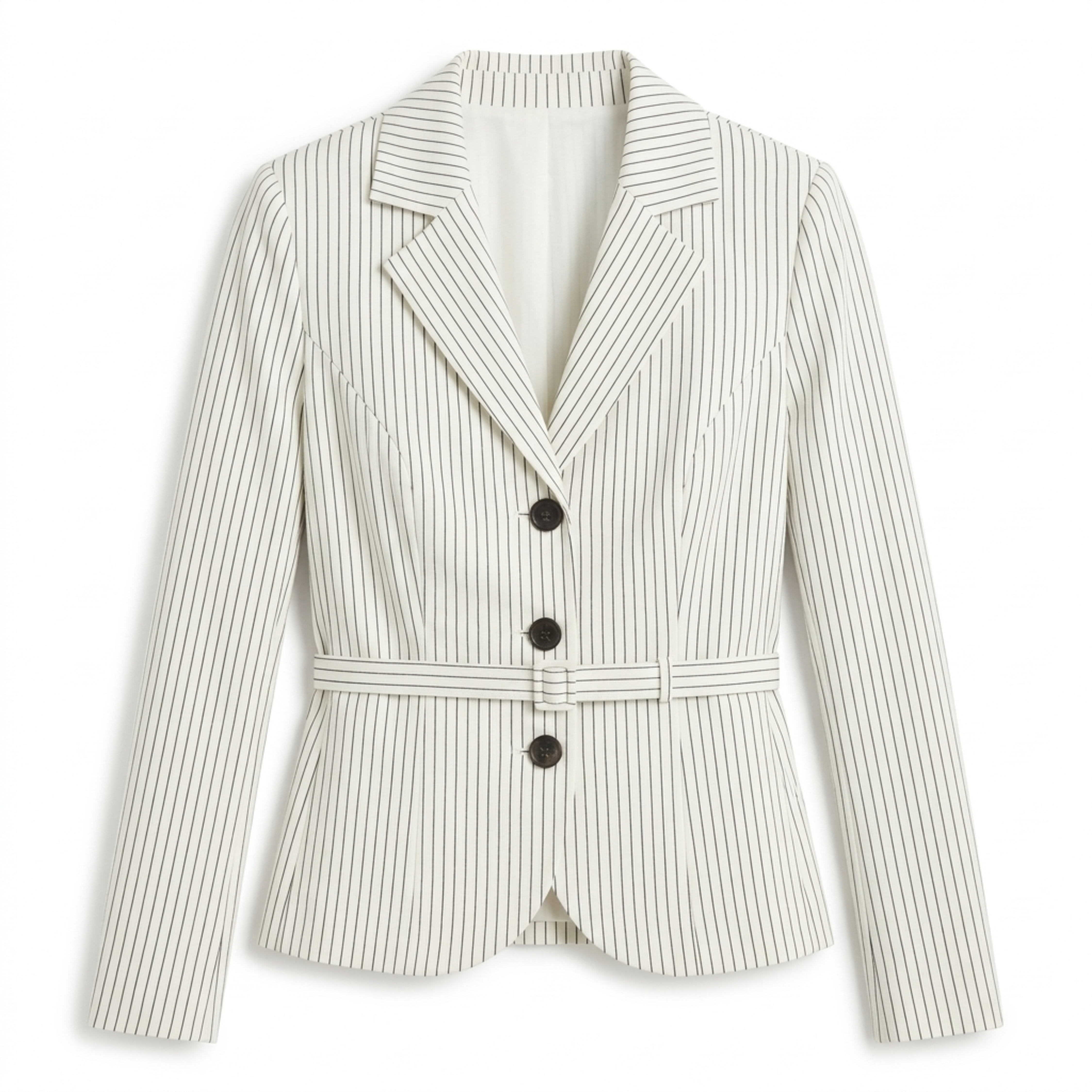 Women's Polyester Blazer – Stripes and Belt, Elegant Tailored Fit