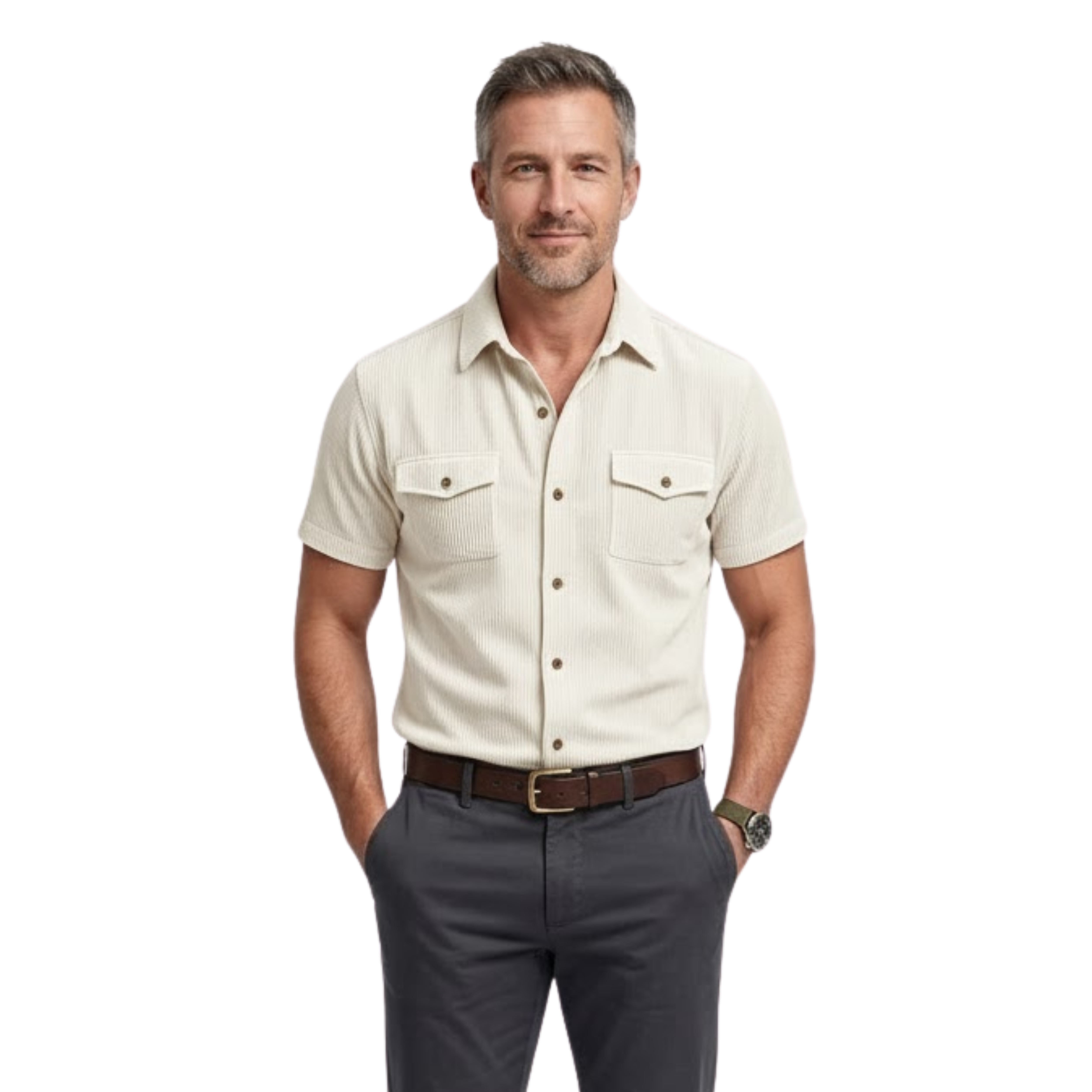 Chemise cargo pour homme en velours côtelé à manches courtes avec poches poitrine