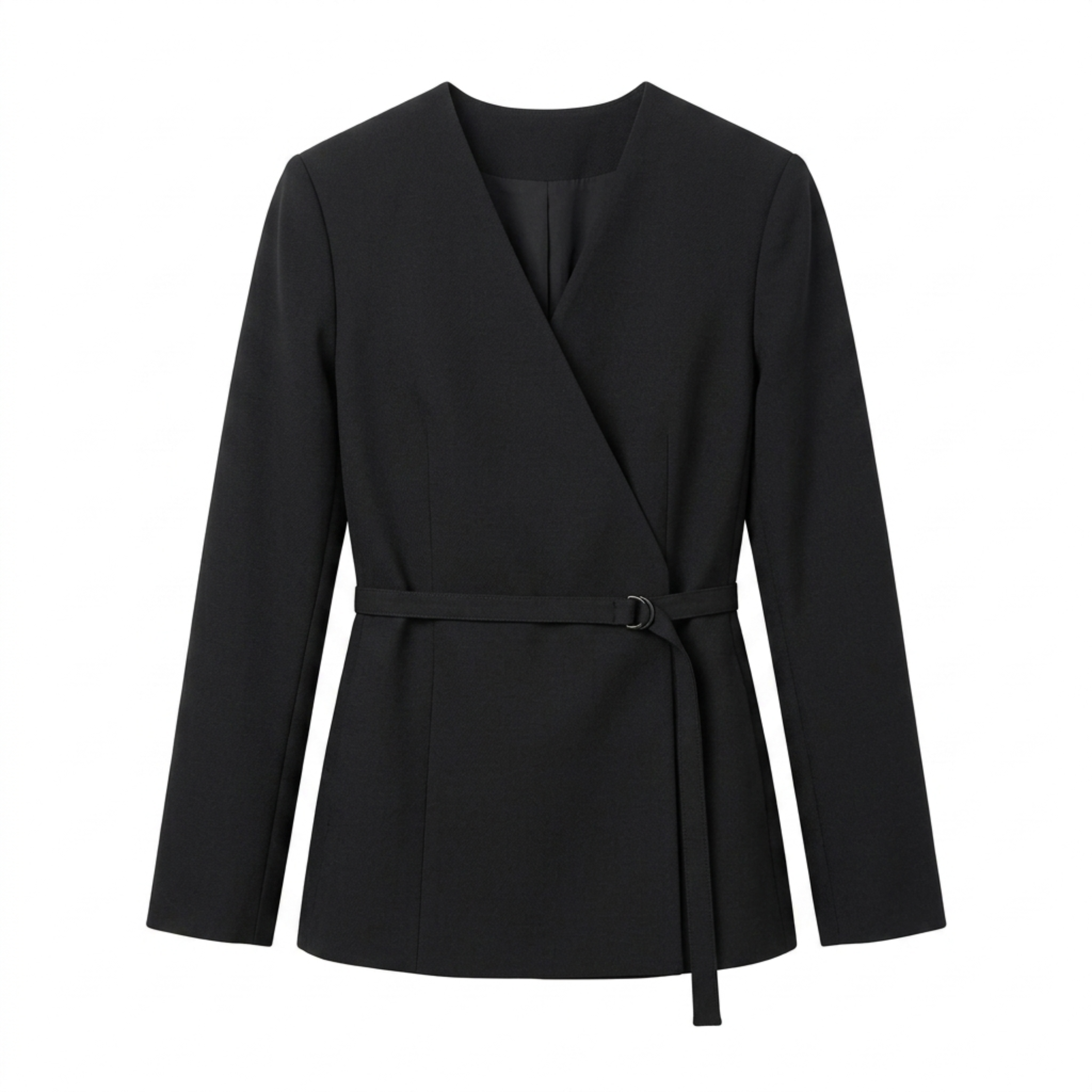 Polyester Blazer for Women – V-Neck and Belt, Elegant Fitted Cut