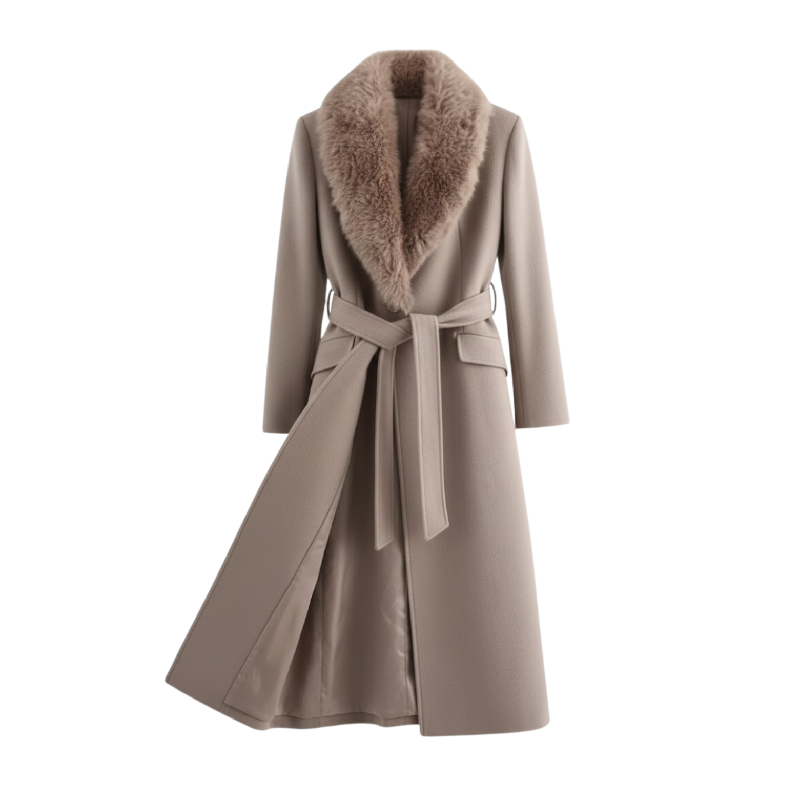 Manteau Femme Chaud ceinturé à Col en Fourrure pour l’Automne et l’Hiver