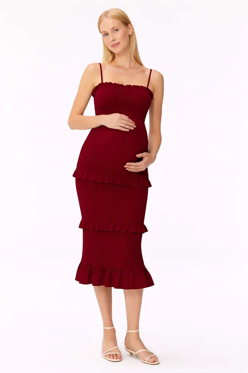 Robe maternité midi smockée à volants