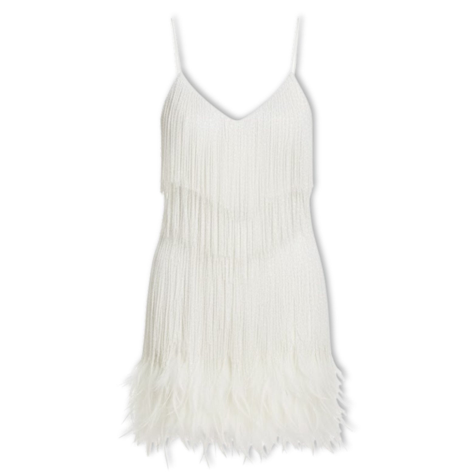 Robe de soirée à paillettes et plumes avec encolure en V et fines bretelles
