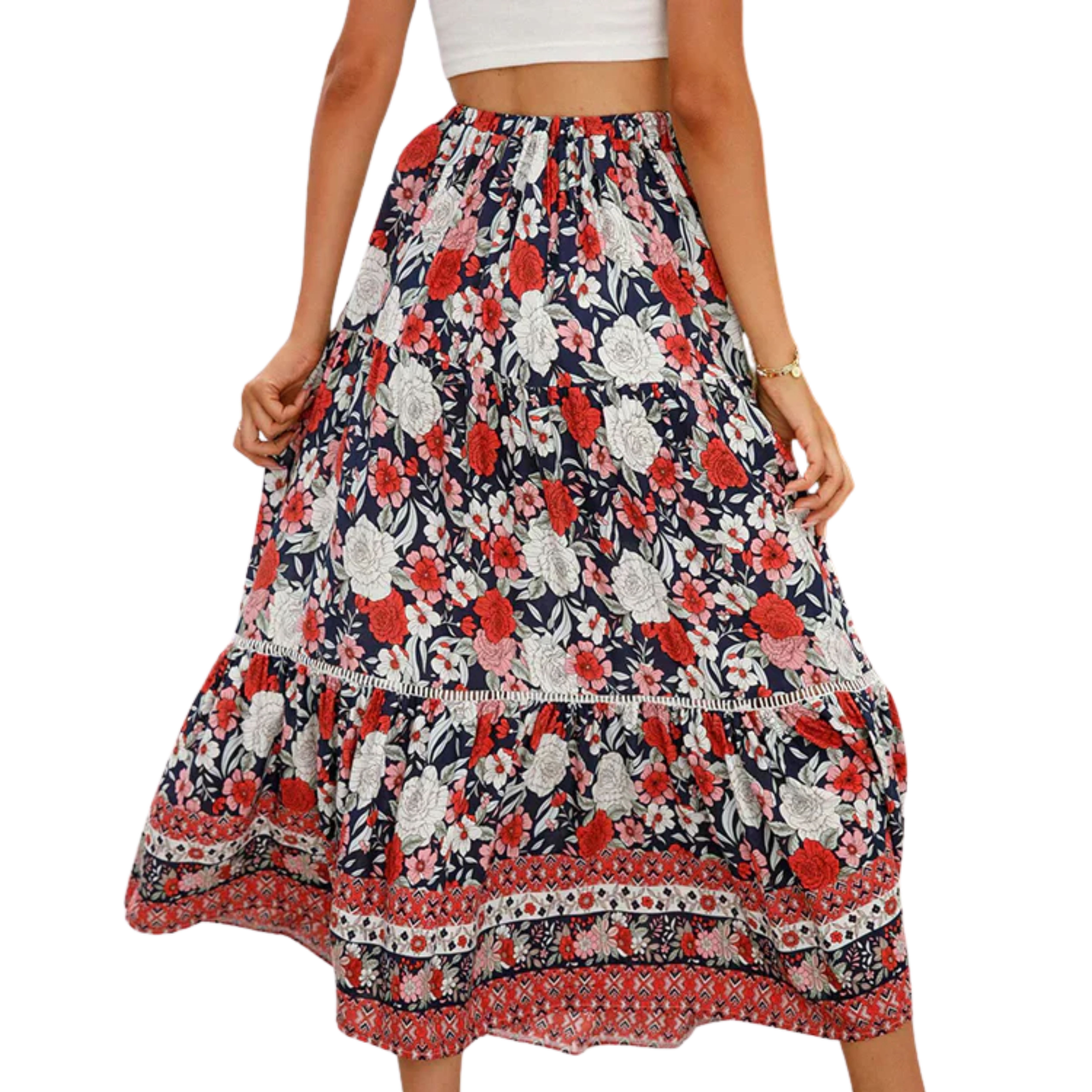 Jupe maxi longue à fleurs — taille haute avec laçage — vacances d'été