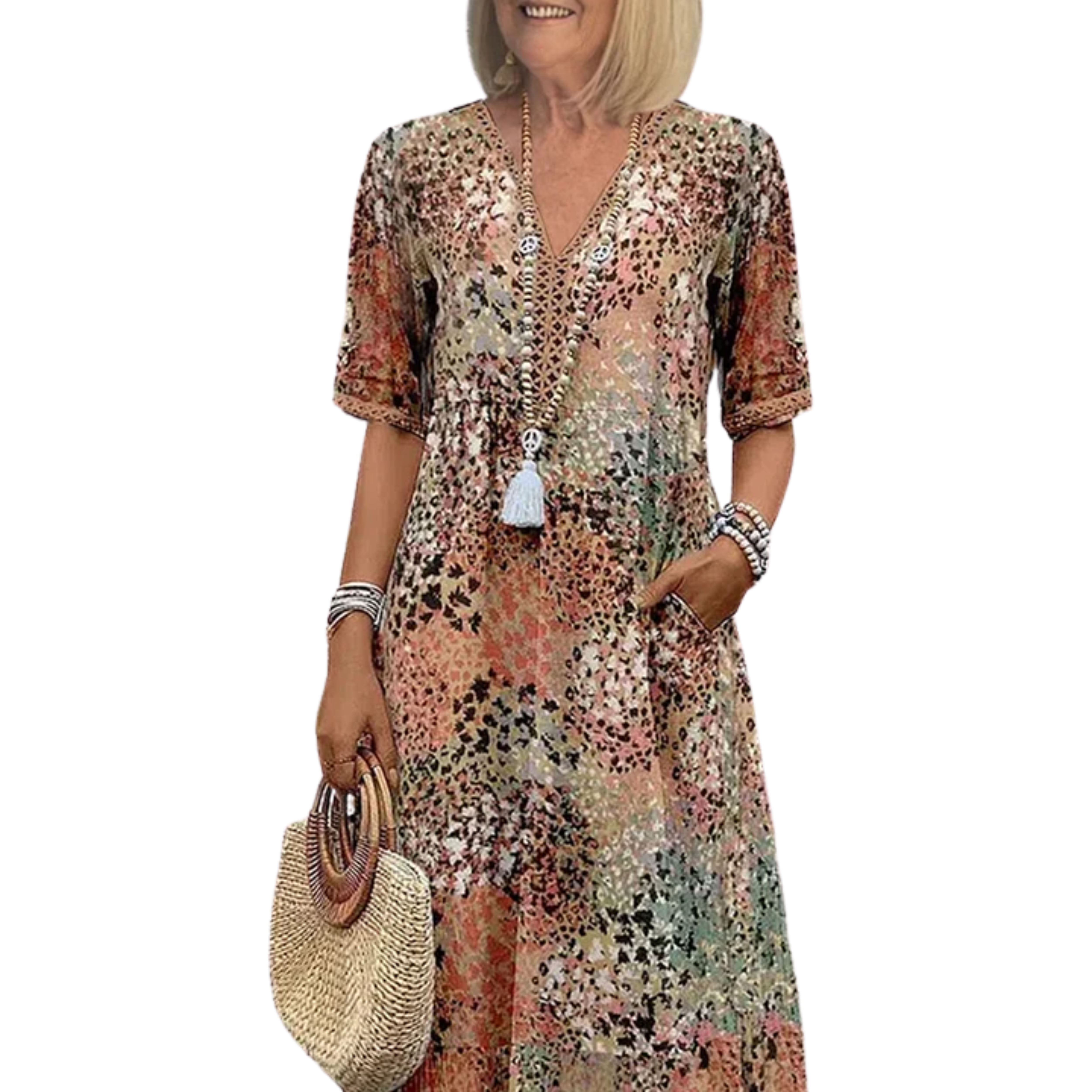 Robe évasée mi-longue femme — motif imprimé et col V — loisirs
