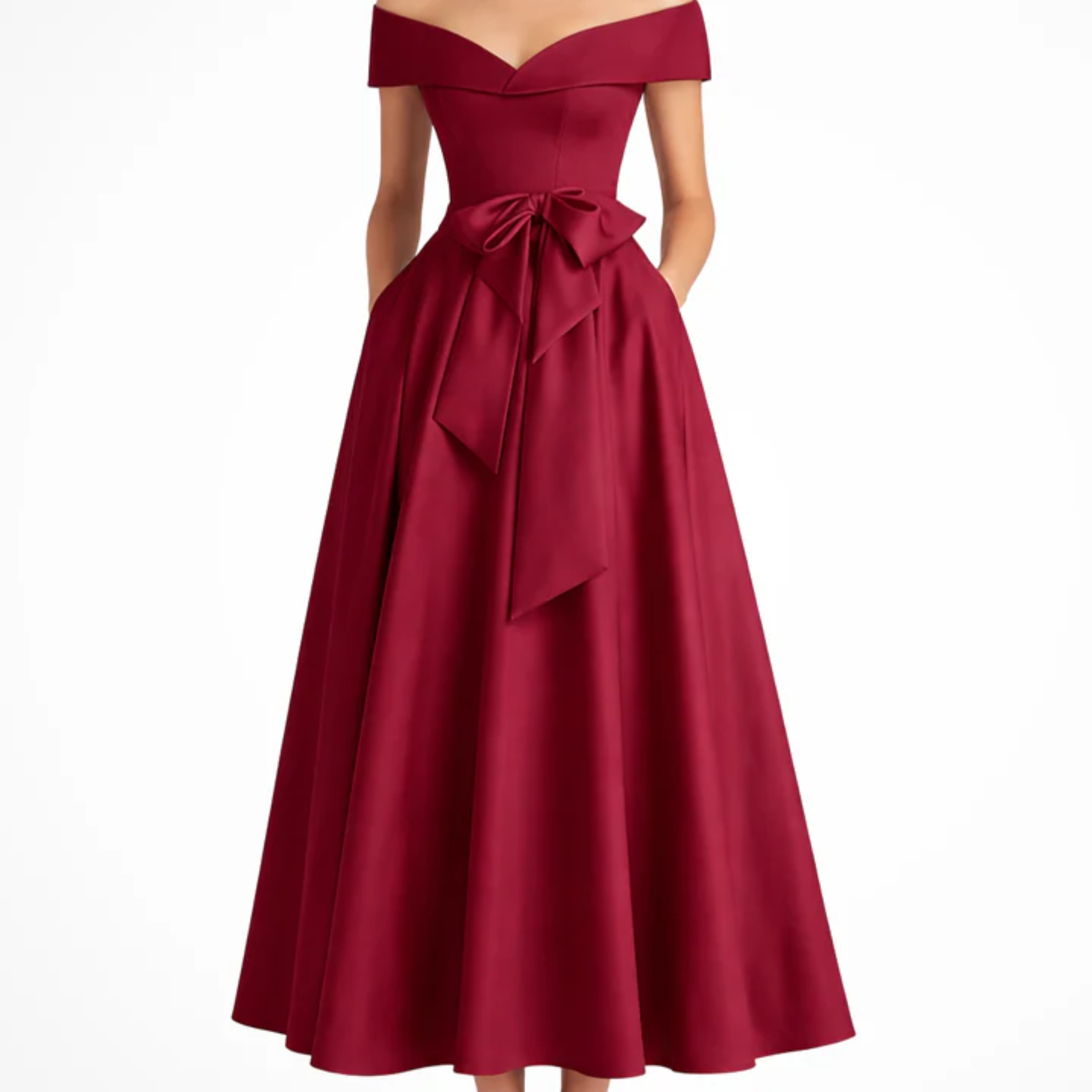 Robe Invitée de Mariage Midi Évasée à Épaules Dénudées avec Nœud à la Taille
