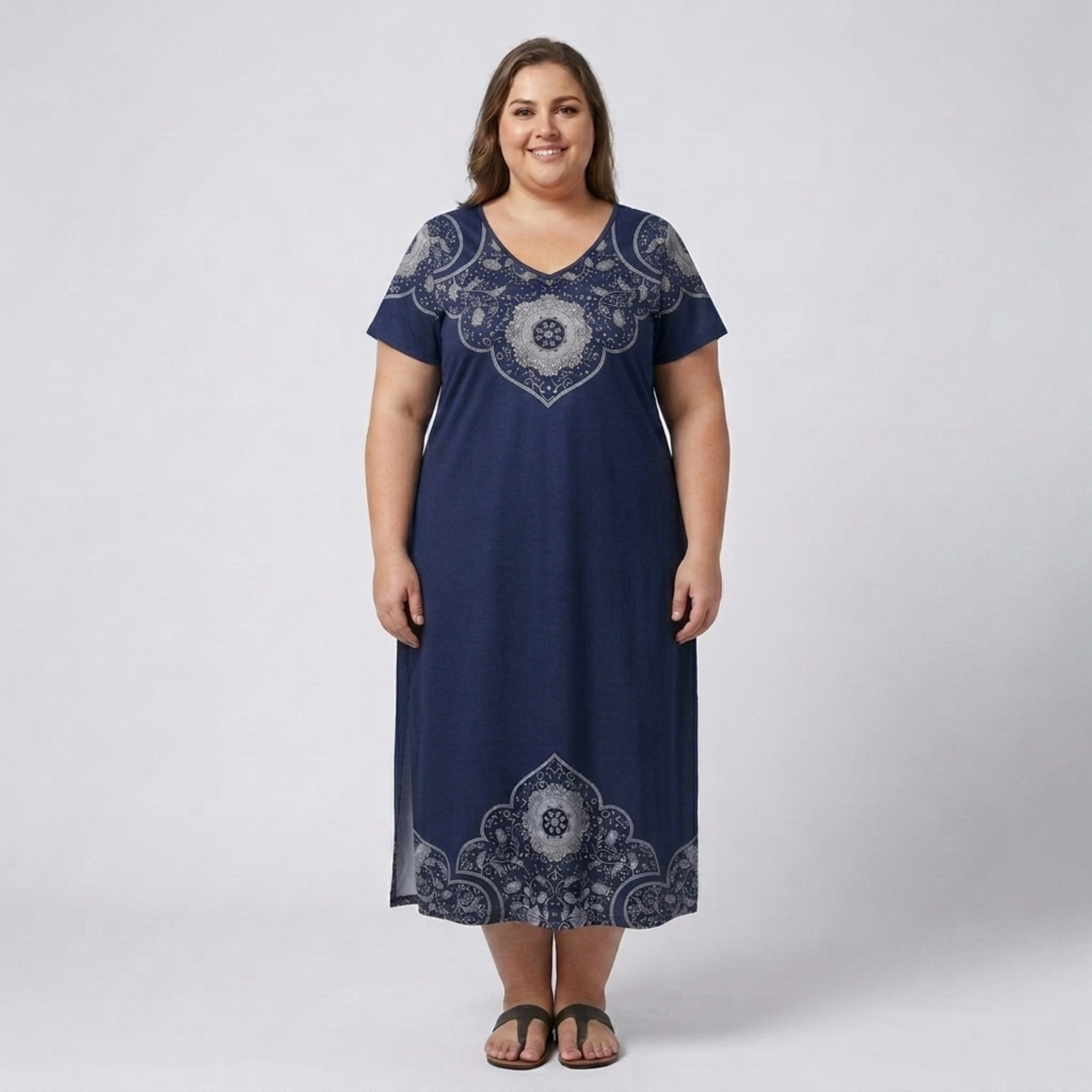 Robe longue grande taille pour femme imprimée à col en V