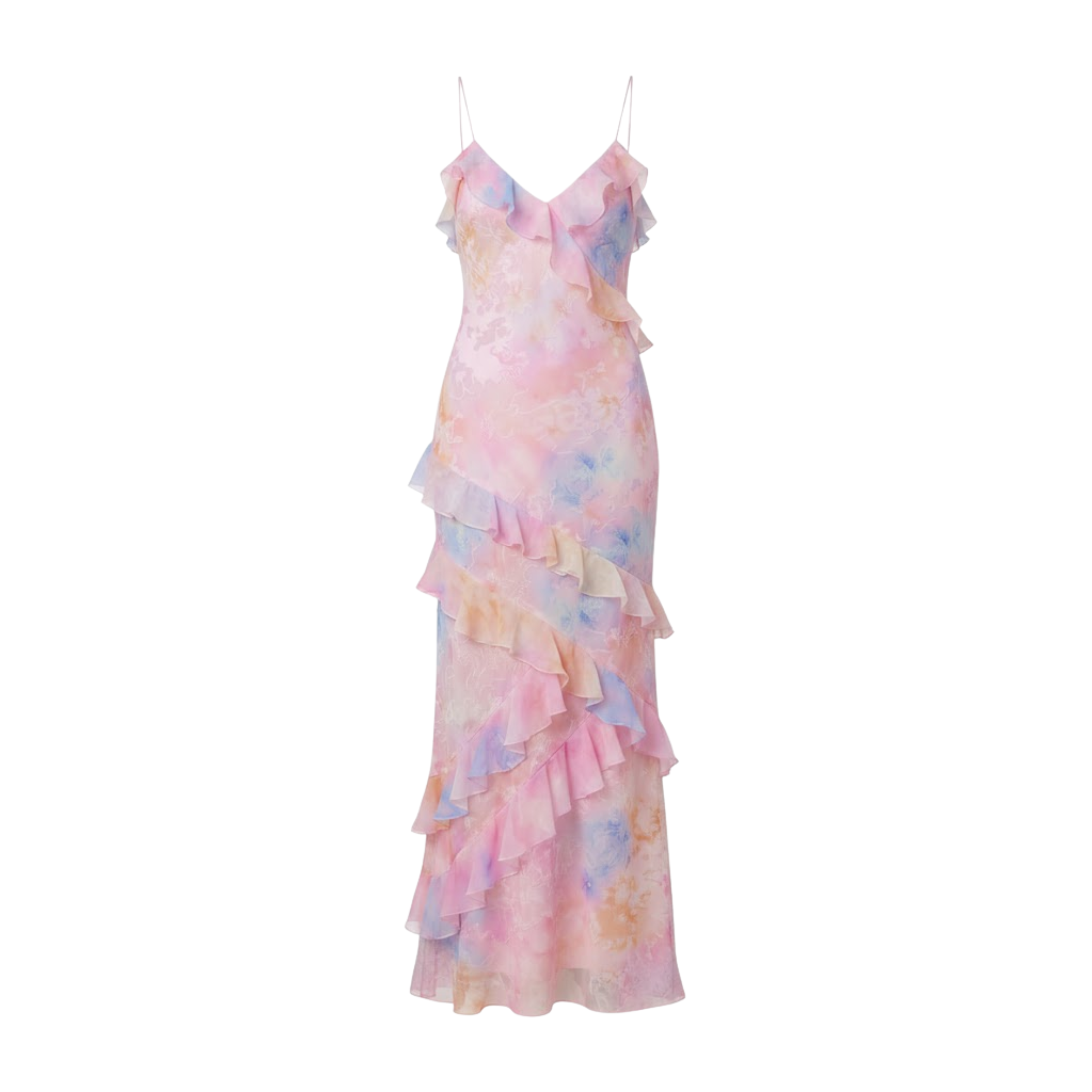 Robe Longue Fleurie à Volants avec Col en V et Fines Bretelles