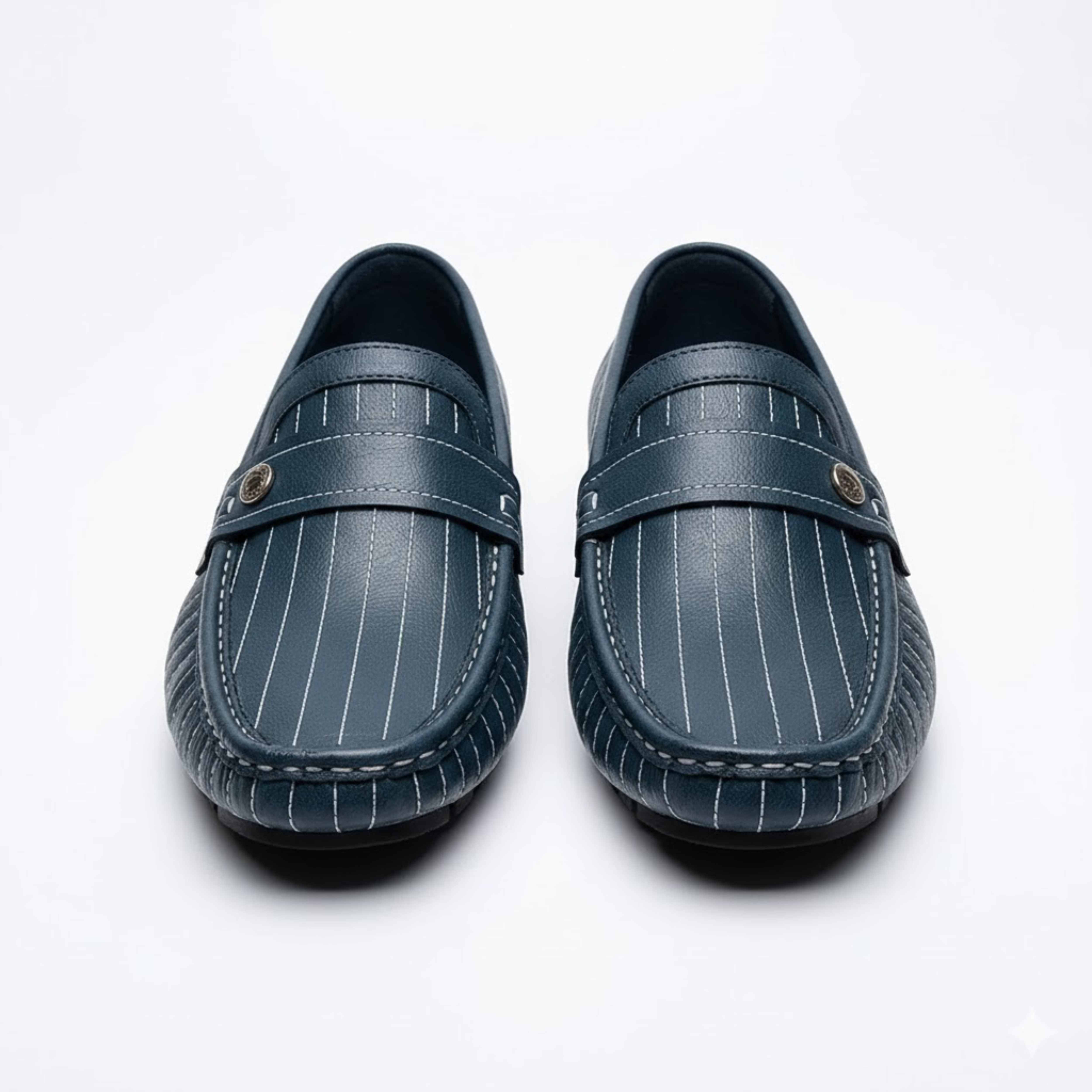 Mocassins en Cuir Véritable pour Hommes à Rayures et Bouton Décoratif à Enfiler