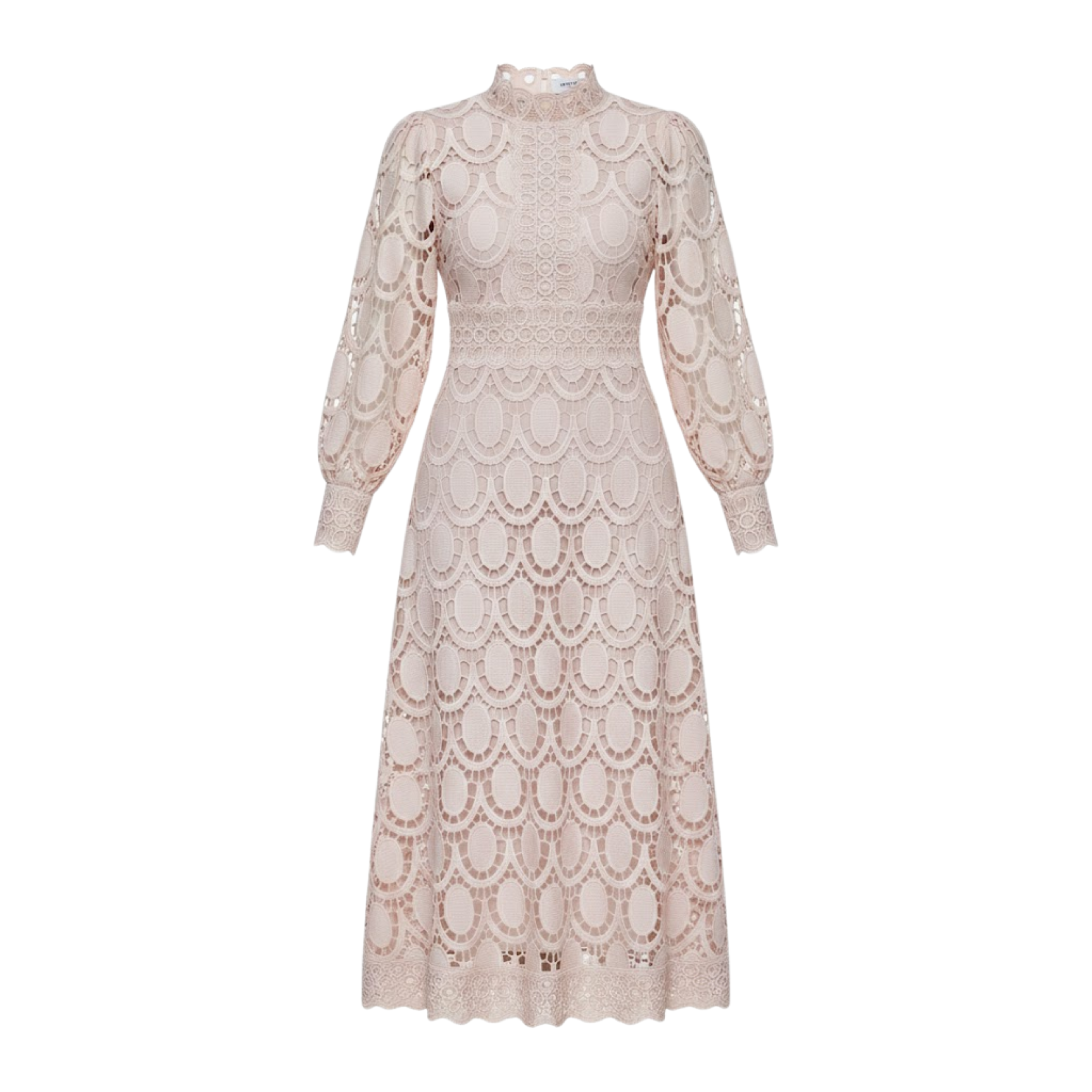Robe Longue en Dentelle Ajourée avec Manches Bouffantes et Col Montant