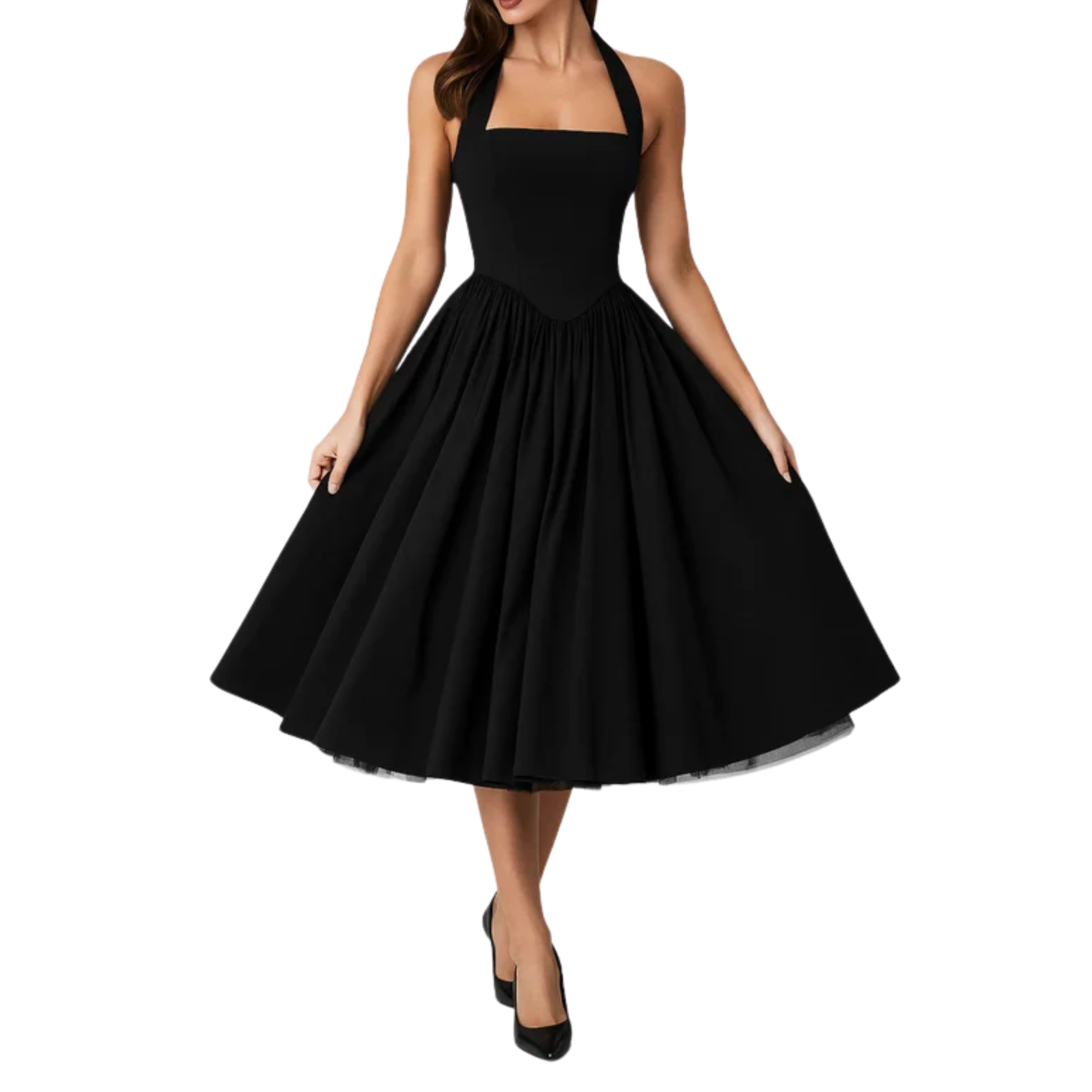 Robe midi femme halter — dos nu et jupe ample — mariage et cérémonie