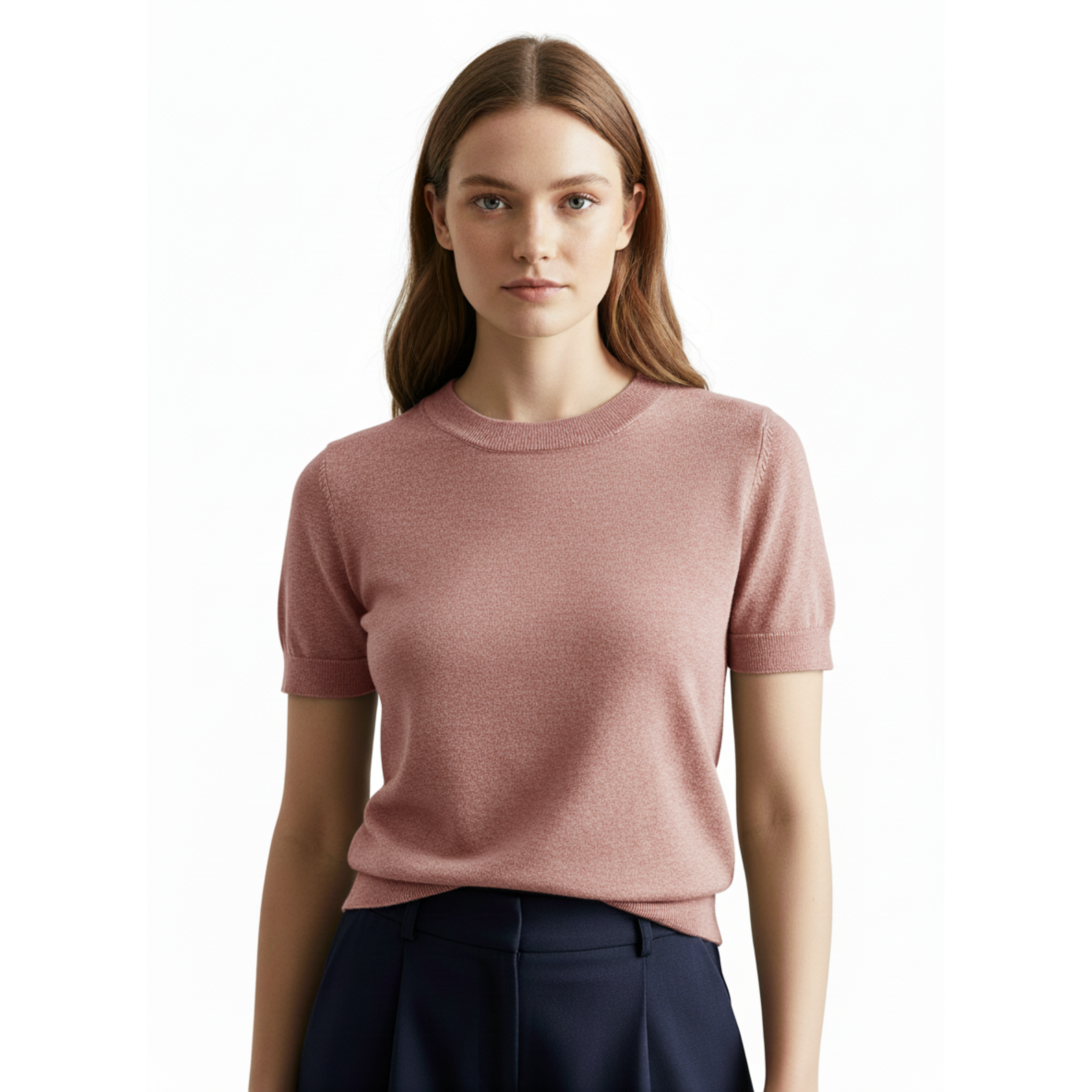 T-shirt en Maille Fine pour Femme à Col Rond et Manches Courtes Ajustées