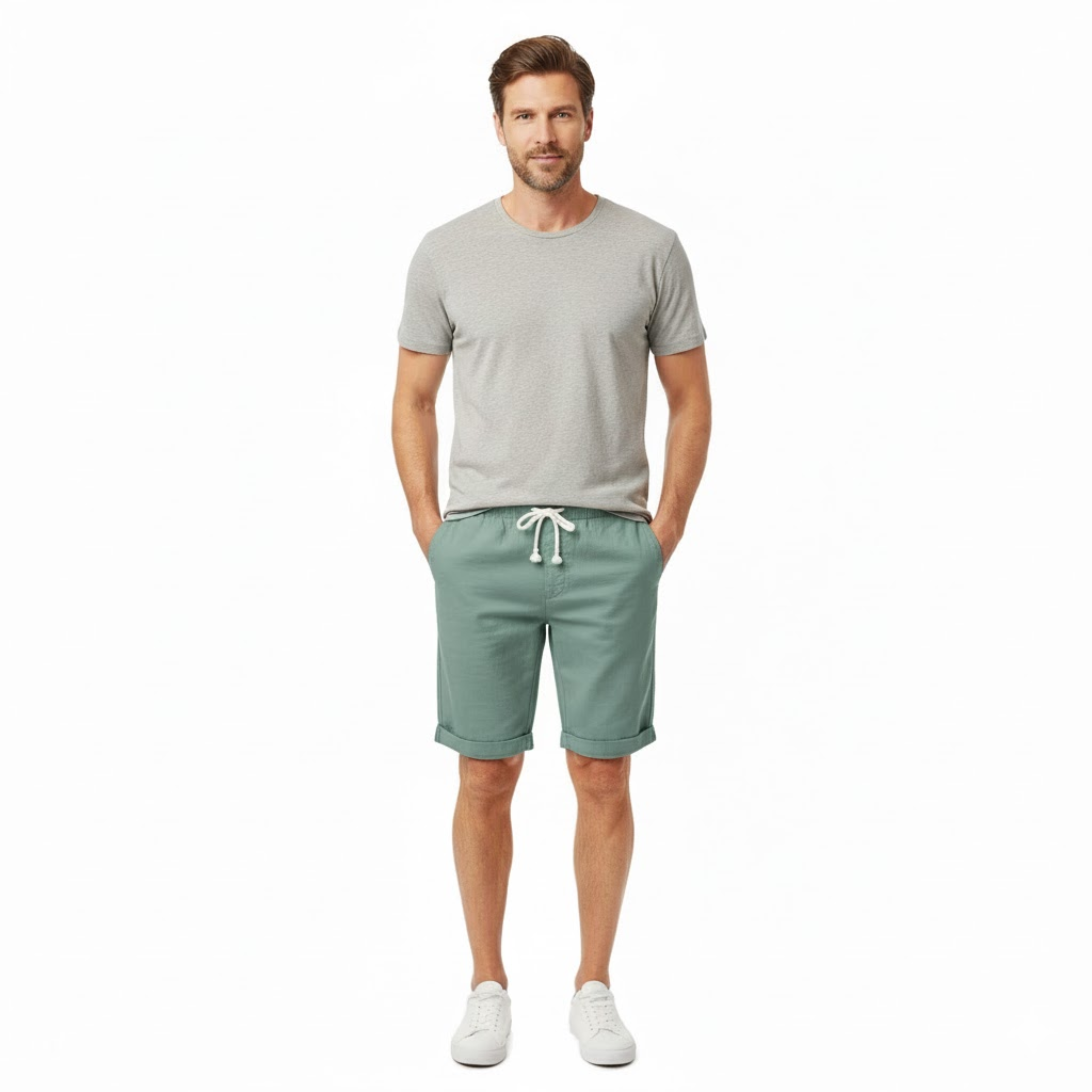 Short pour Hommes en 100 % Lin avec Taille Élastique à Cordon et Coupe Droite