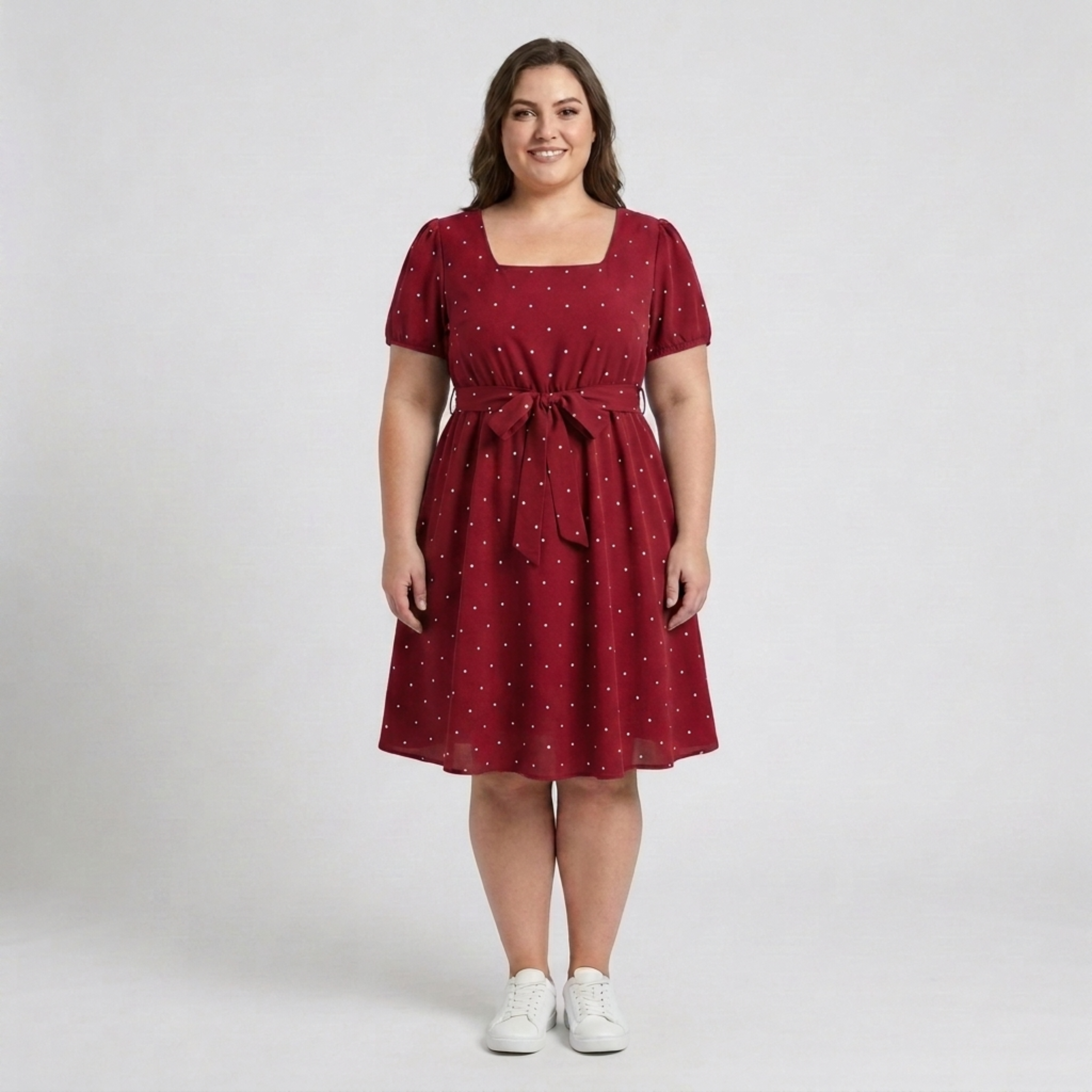 Robe patineuse grande taille pour femme à pois avec col carré et manches bouffantes