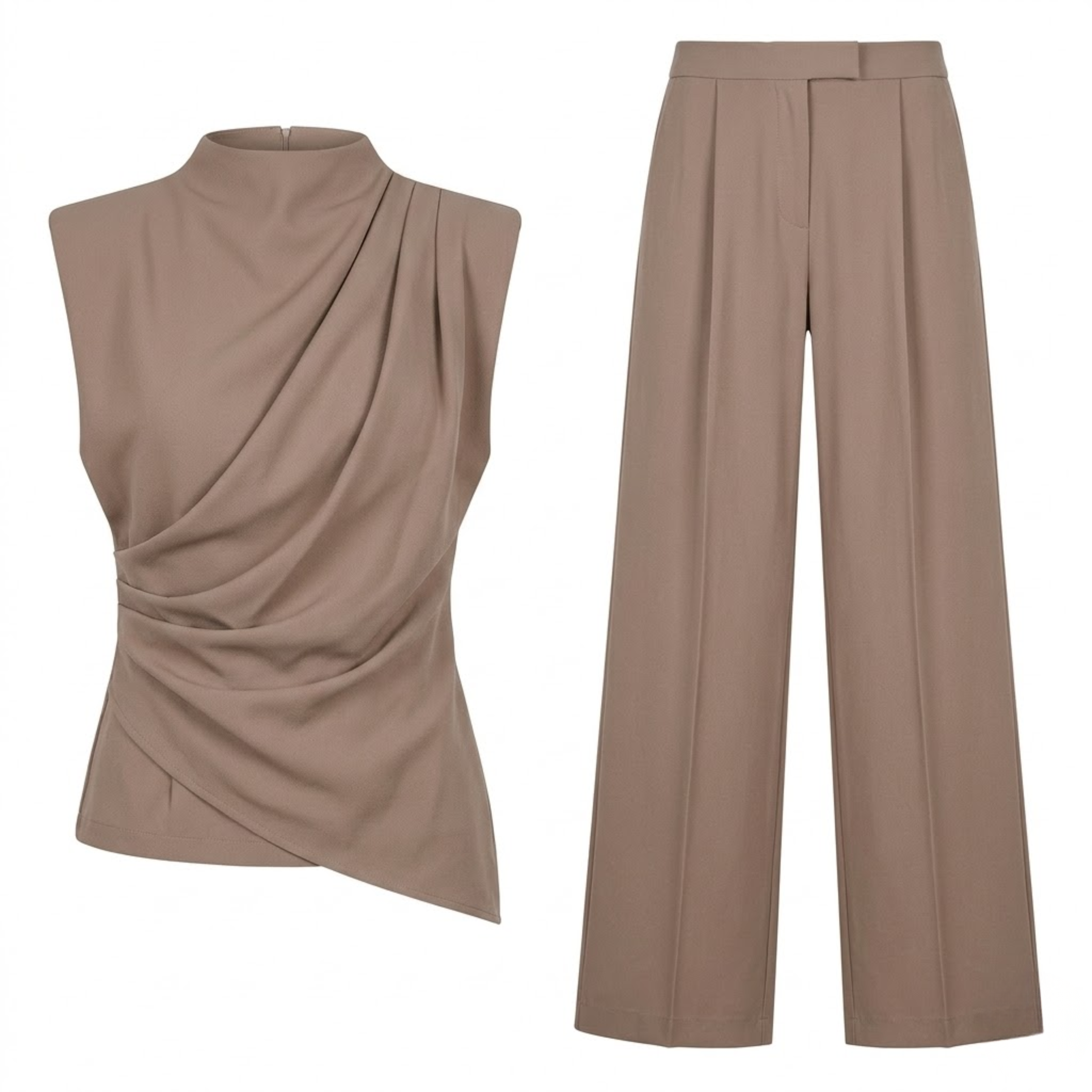 Ensemble Deux Pièces Femme avec Top Sans Manches Drapé et Pantalon Large Fluide