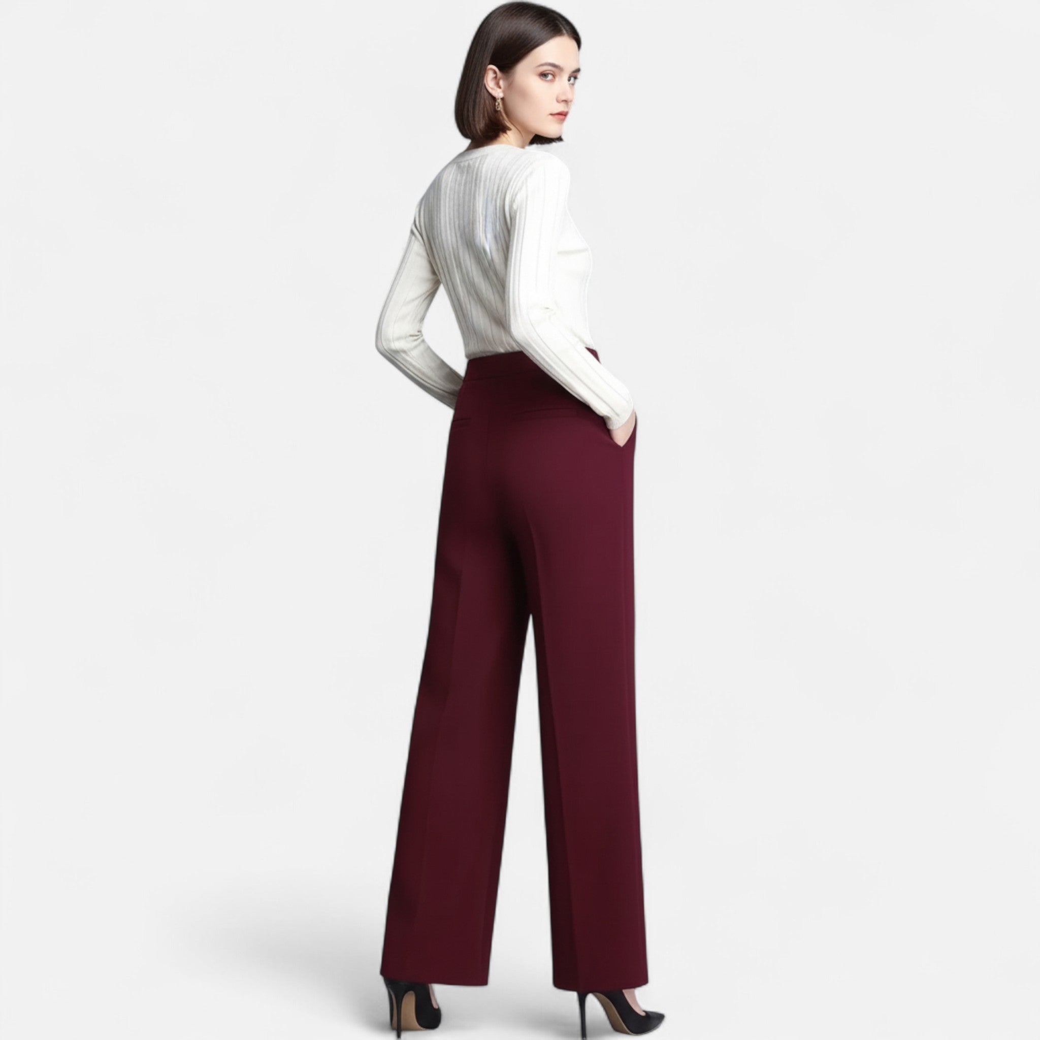 Pantalon Femme – Taille Haute Jambe Large Ourlet Revers Coupe Fluide