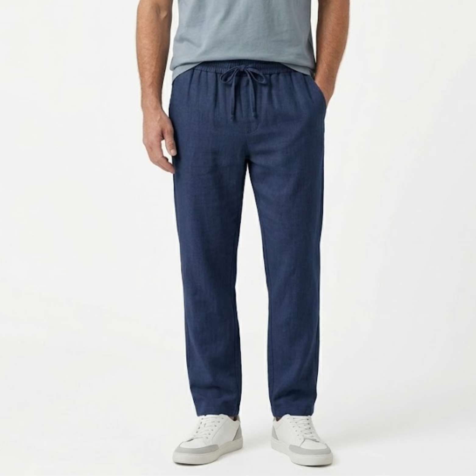 Pantalon Homme en Coton et Lin à Jambe Droite avec Taille Élastique et Cordon