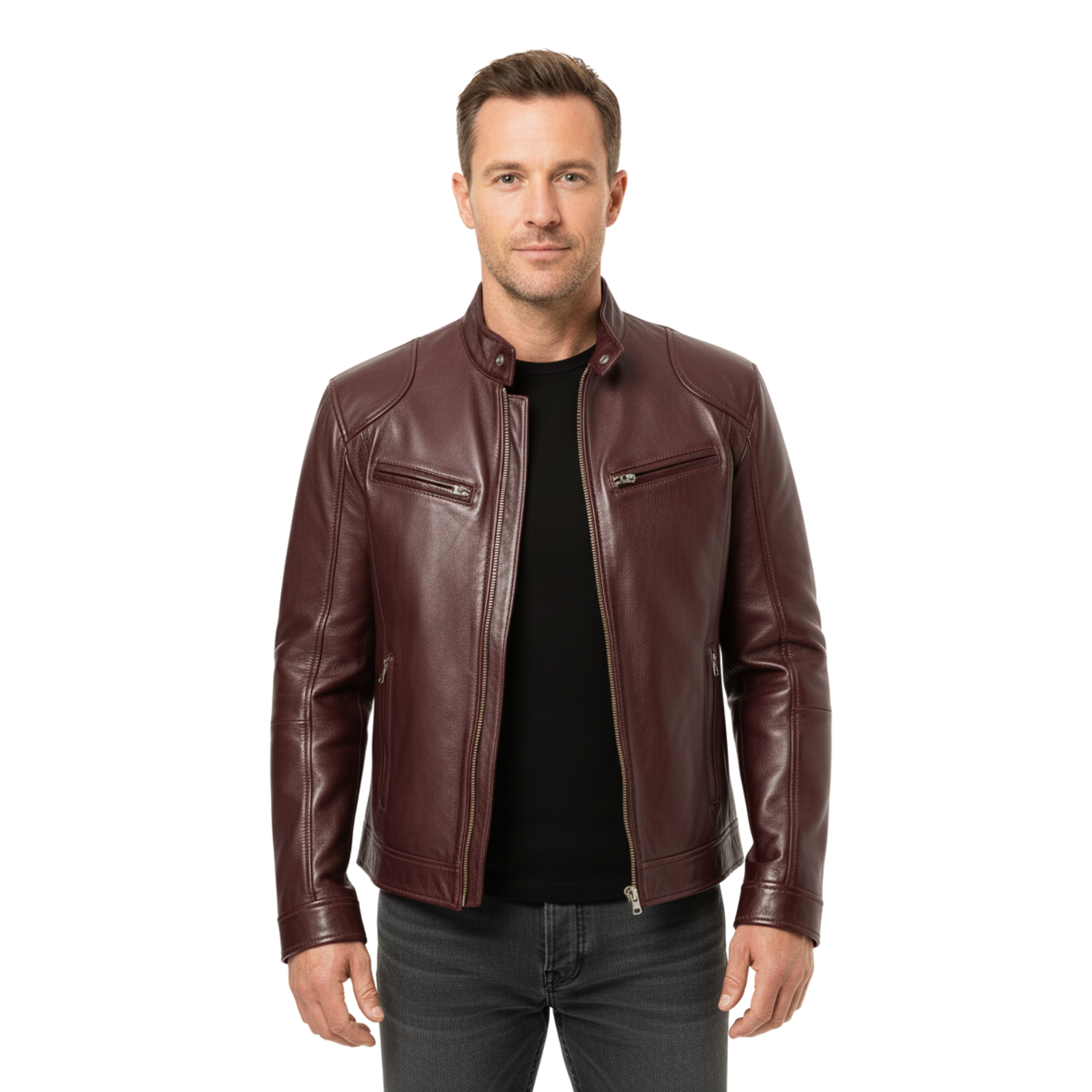 Veste en Cuir pour Homme avec Col Officier et Poches Zippées Coupe Ajustée