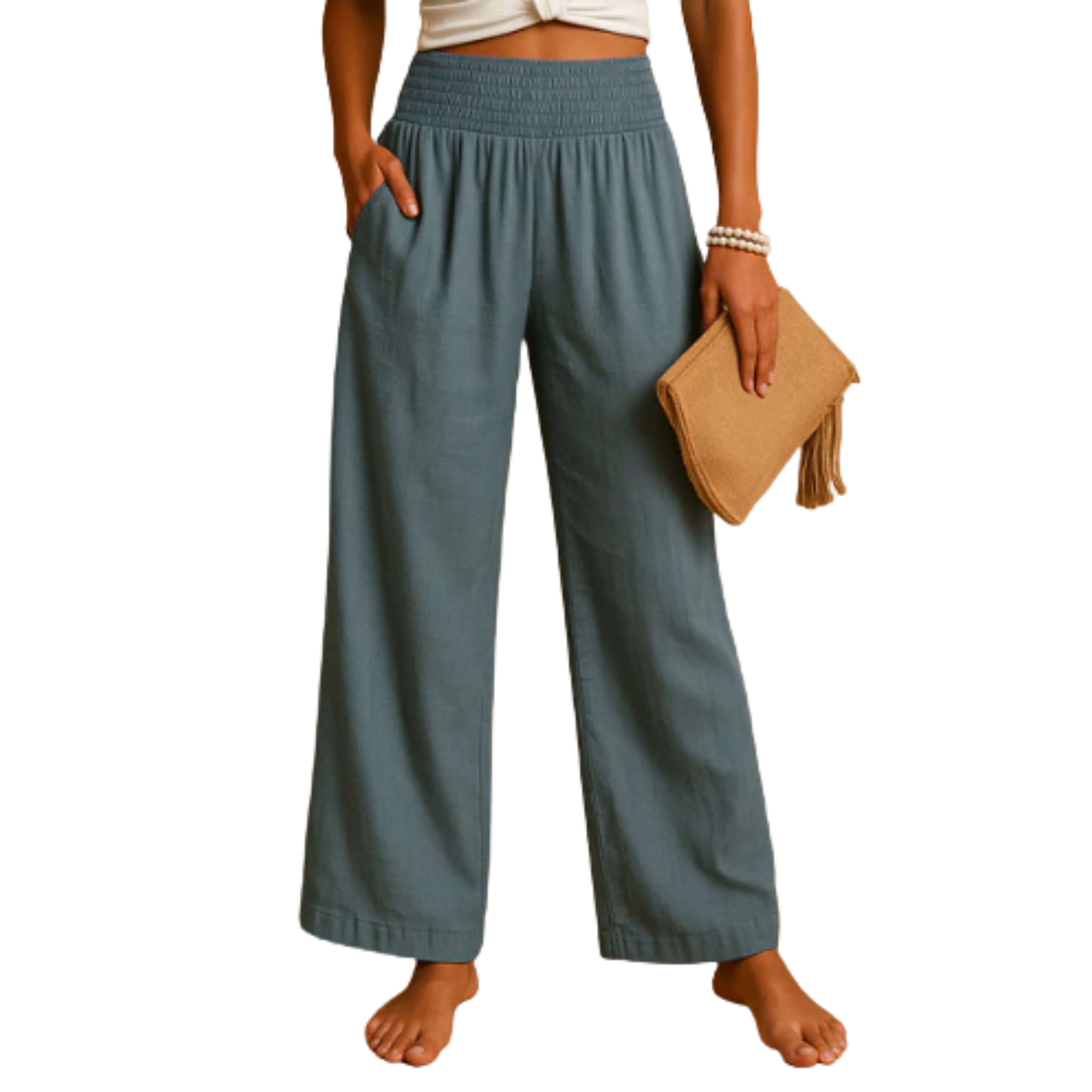 Pantalon femme mélange lin et coton — taille élastique coupe droite | quotidien