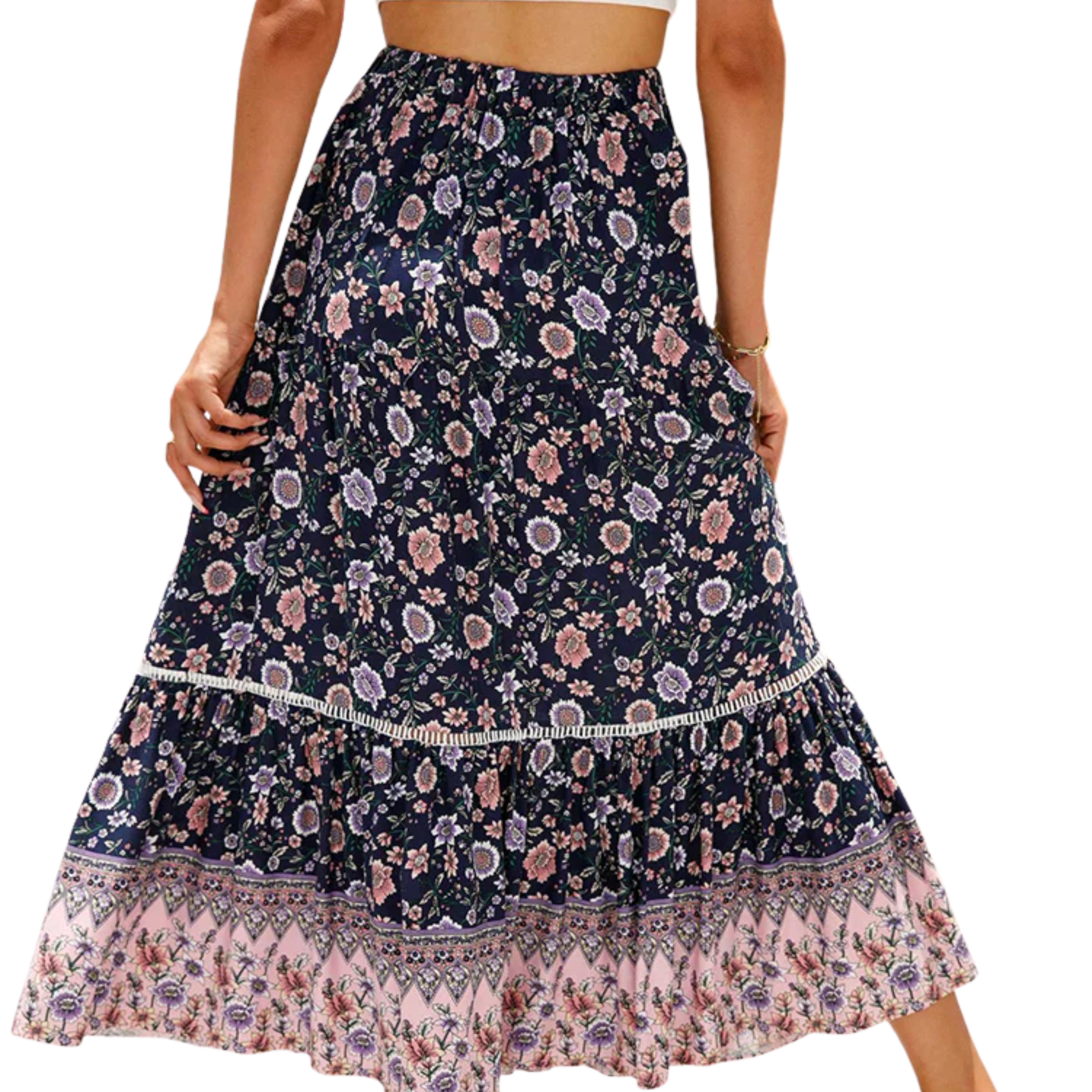 Jupe maxi longue à fleurs — taille haute avec laçage — vacances d'été
