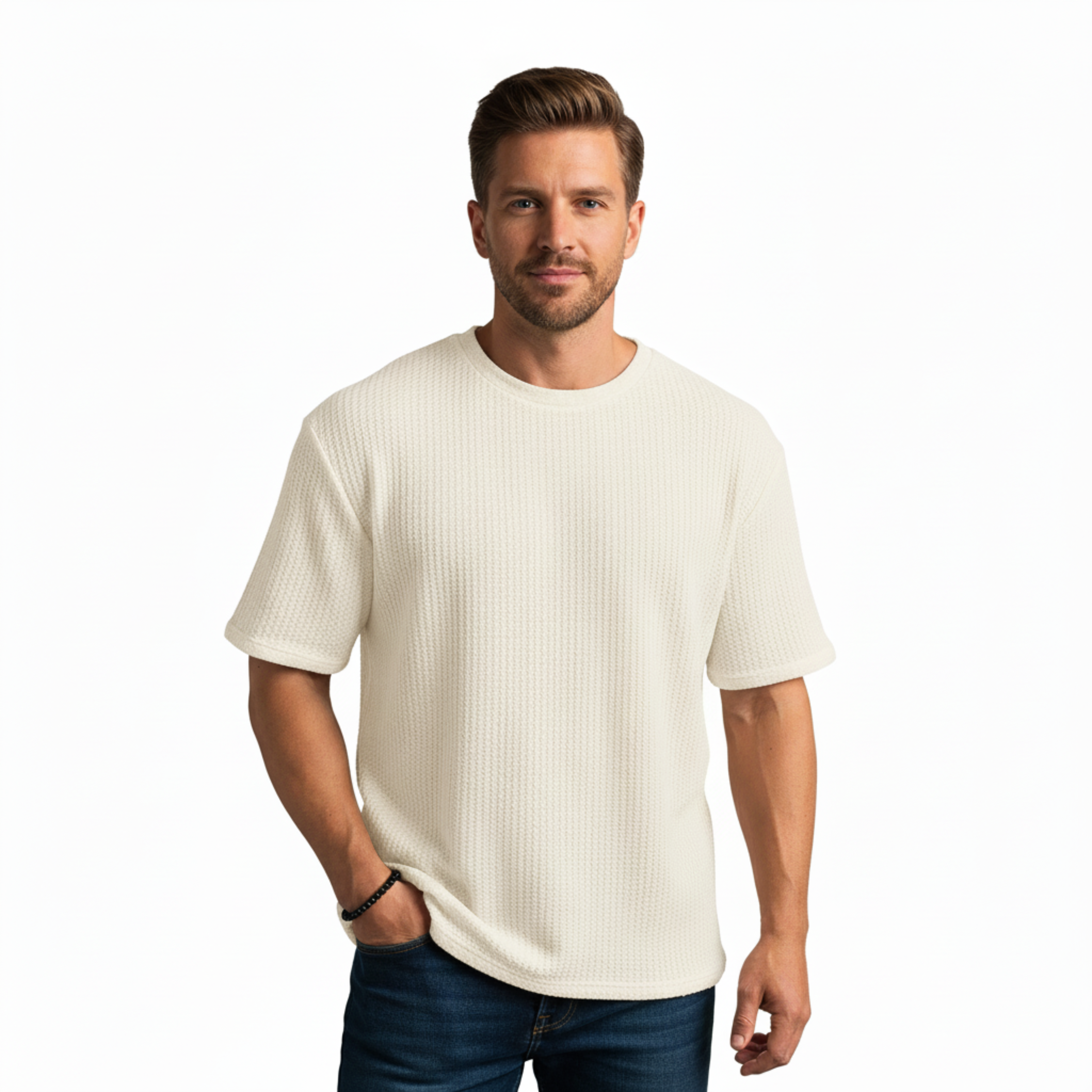 T-shirt Homme en Maille Tricotée Respirante à Manches Courtes et Col Rond