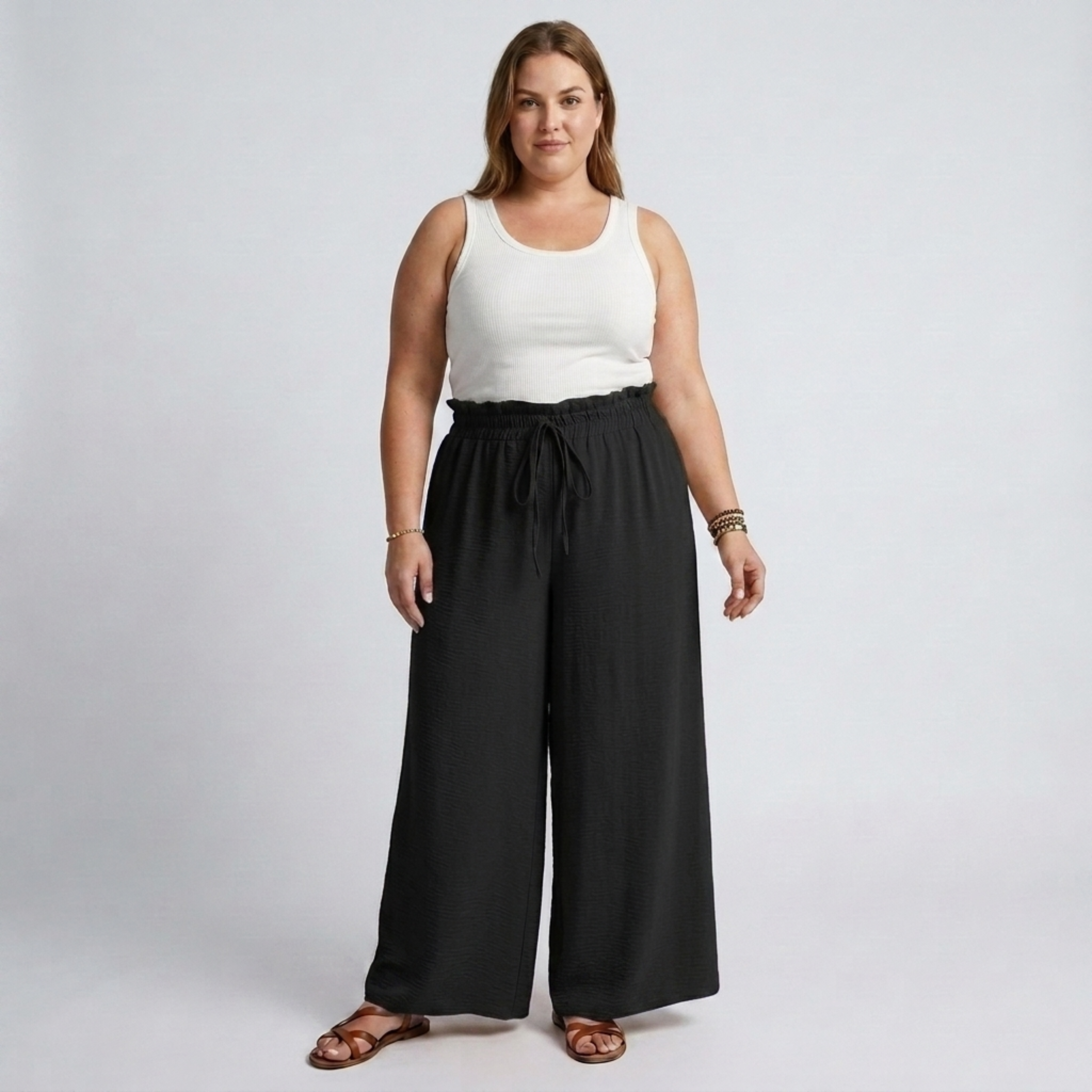 Pantalon large grande taille pour femme à taille élastique et cordon