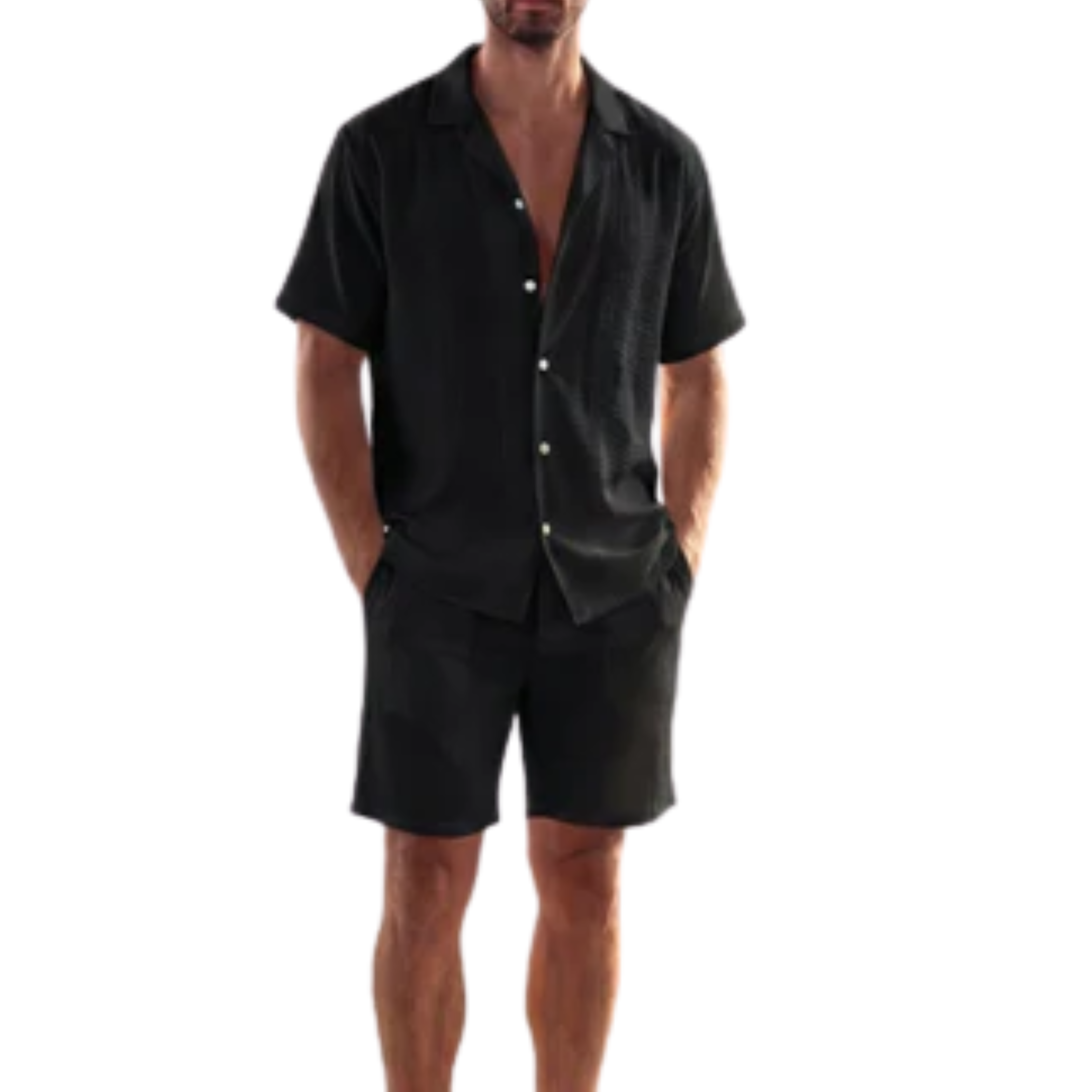 Ensemble en lin homme — chemise manches courtes et short — été et plage