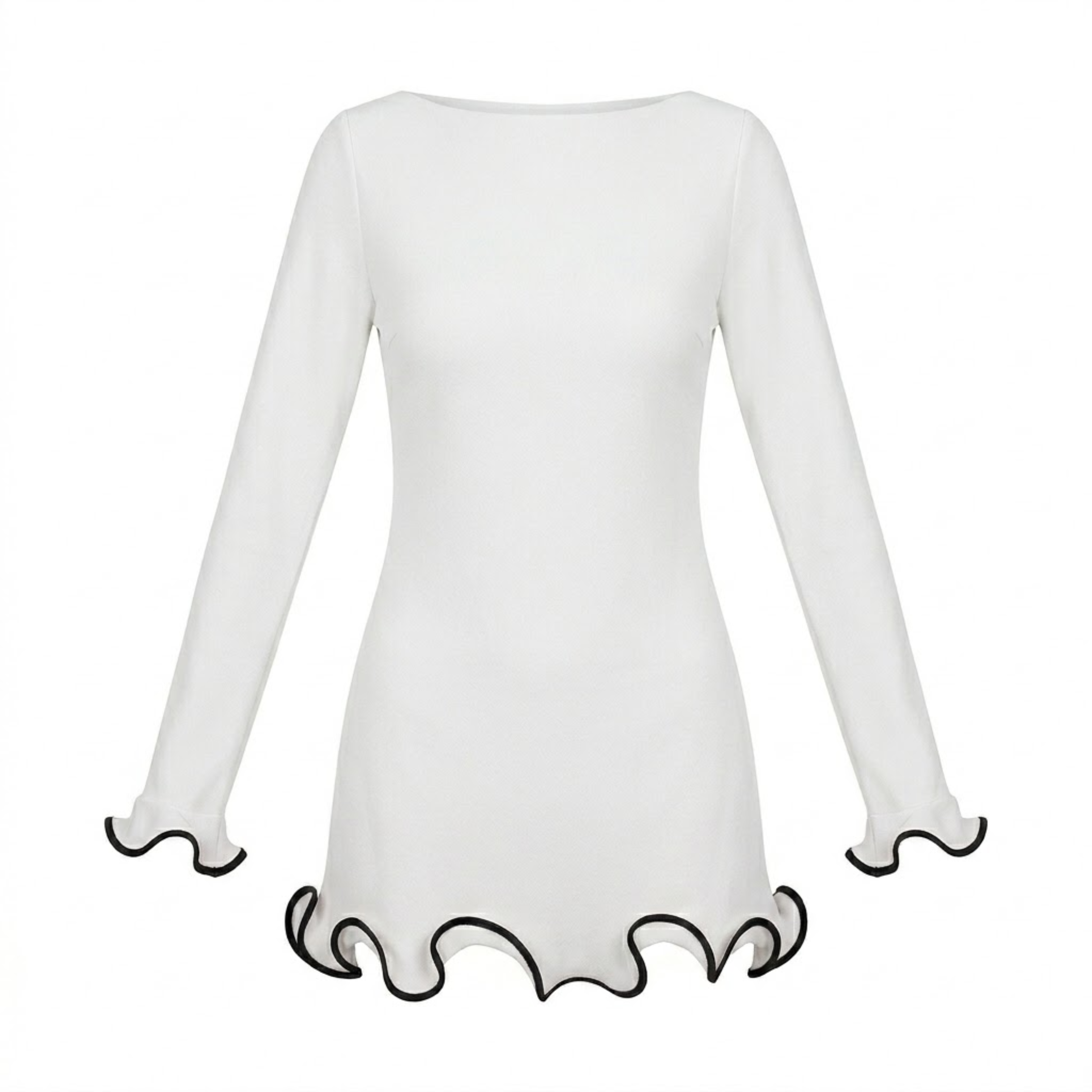 Robe Courte Moulante à Manches Longues avec Ourlet à Volants Contrastés