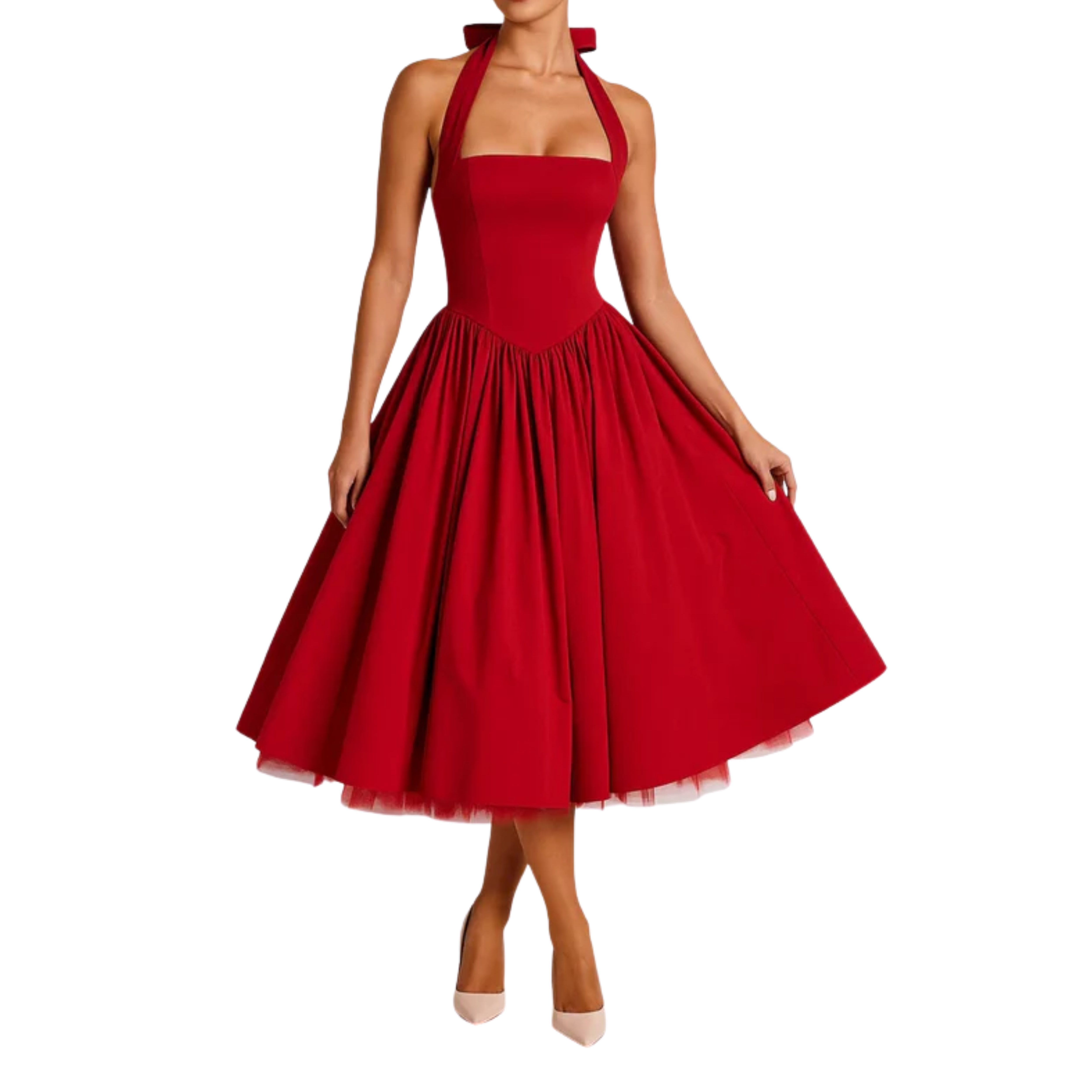 Robe midi femme halter — dos nu et jupe ample — mariage et cérémonie