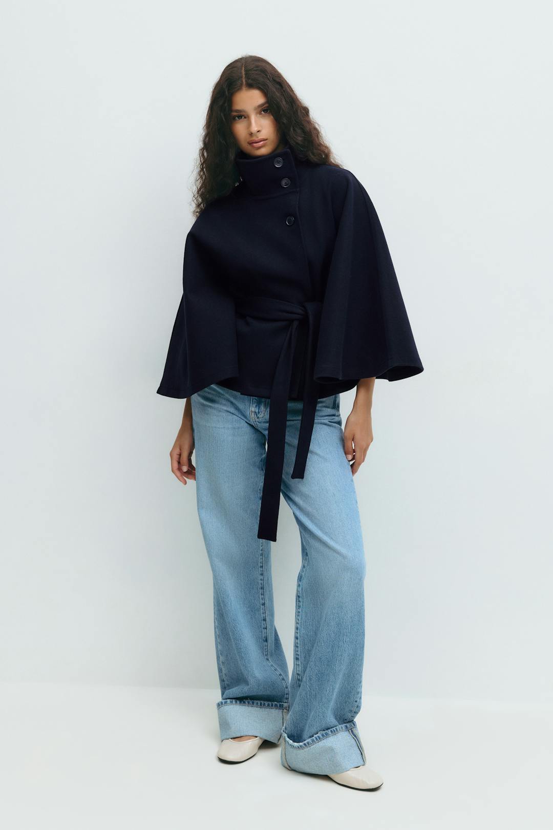 Cape Femme – High Neck Tie Waist Loose Silhouette